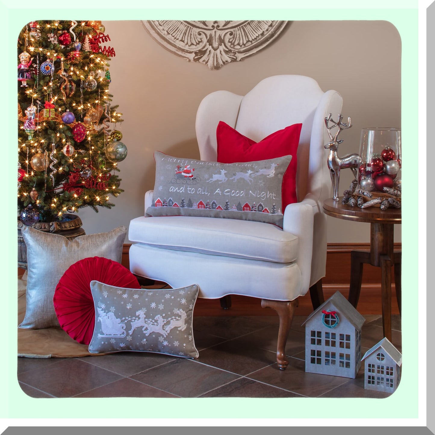 Cozy Christmas Reindeer Lumbar Pillow - Indoor Sleigh Decor, 13x19 Gray Cushion Cover - Festive Holiday Home Accent for Sofa or Bed