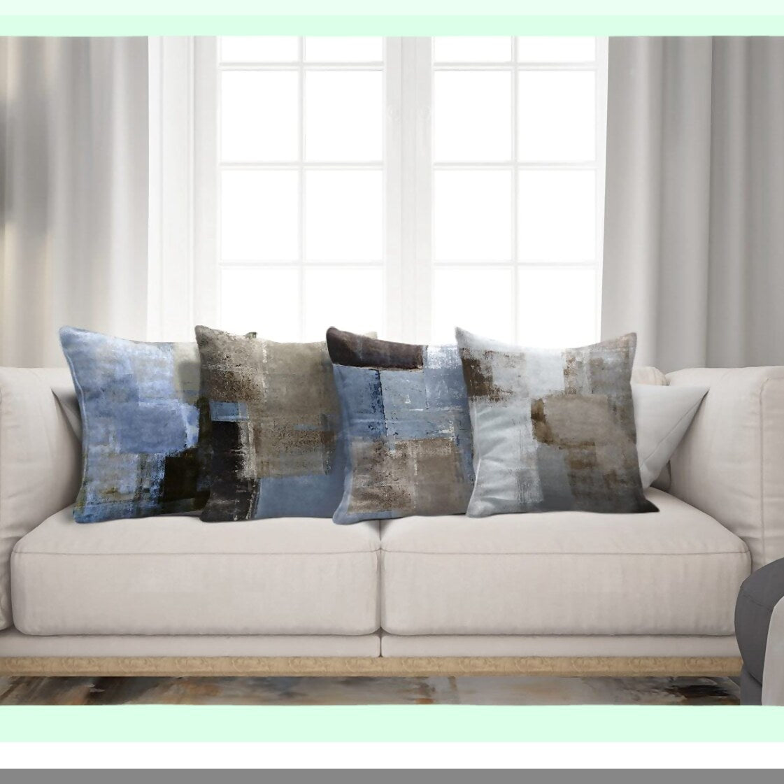 Abstract Art Decor Pillow Covers - Set of 4 Blue Beige Grey Brown Modern Home Square Cushion Sofa Cases 18x18 Inches - Decorative Throw Pillowcases