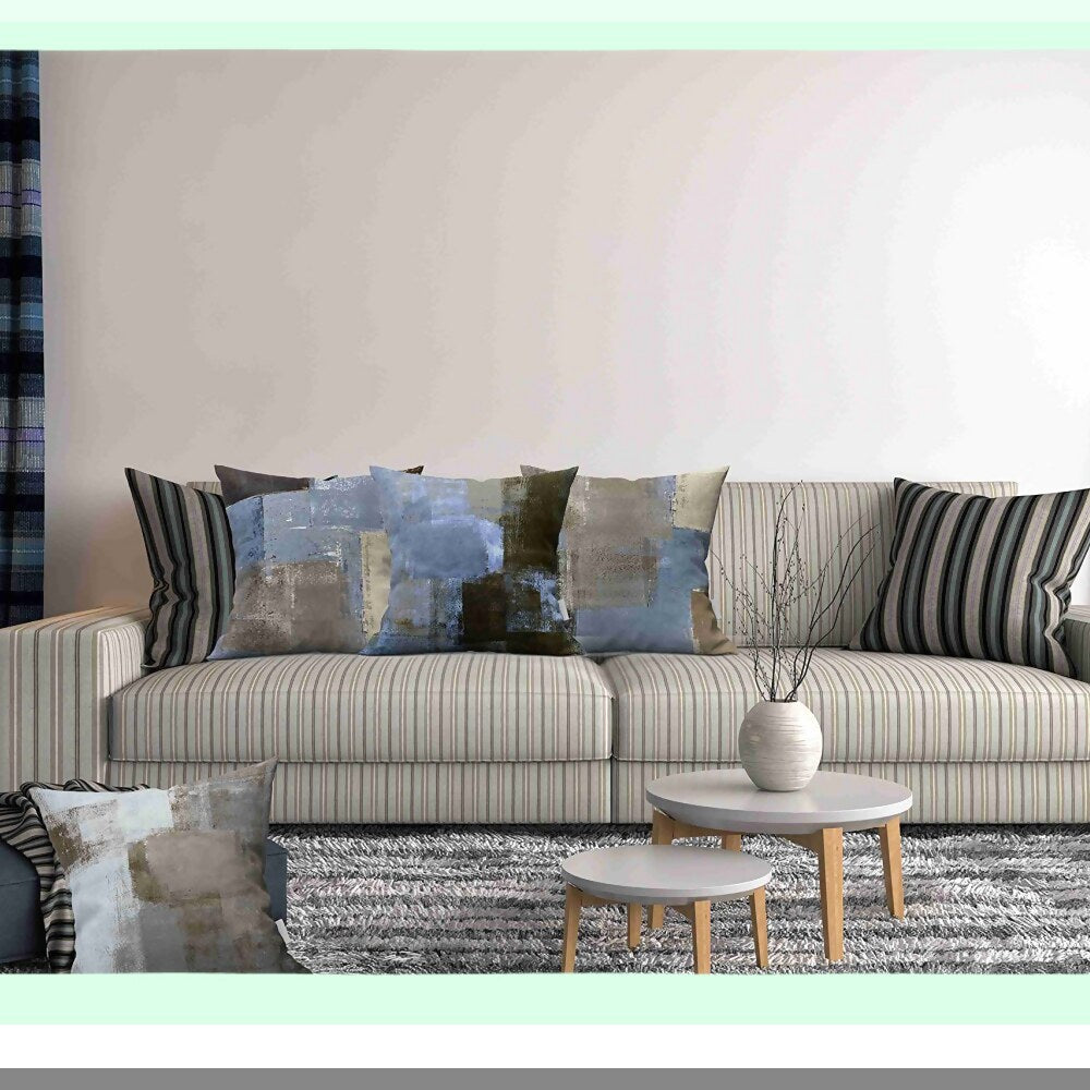 Abstract Art Decor Pillow Covers - Set of 4 Blue Beige Grey Brown Modern Home Square Cushion Sofa Cases 18x18 Inches - Decorative Throw Pillowcases