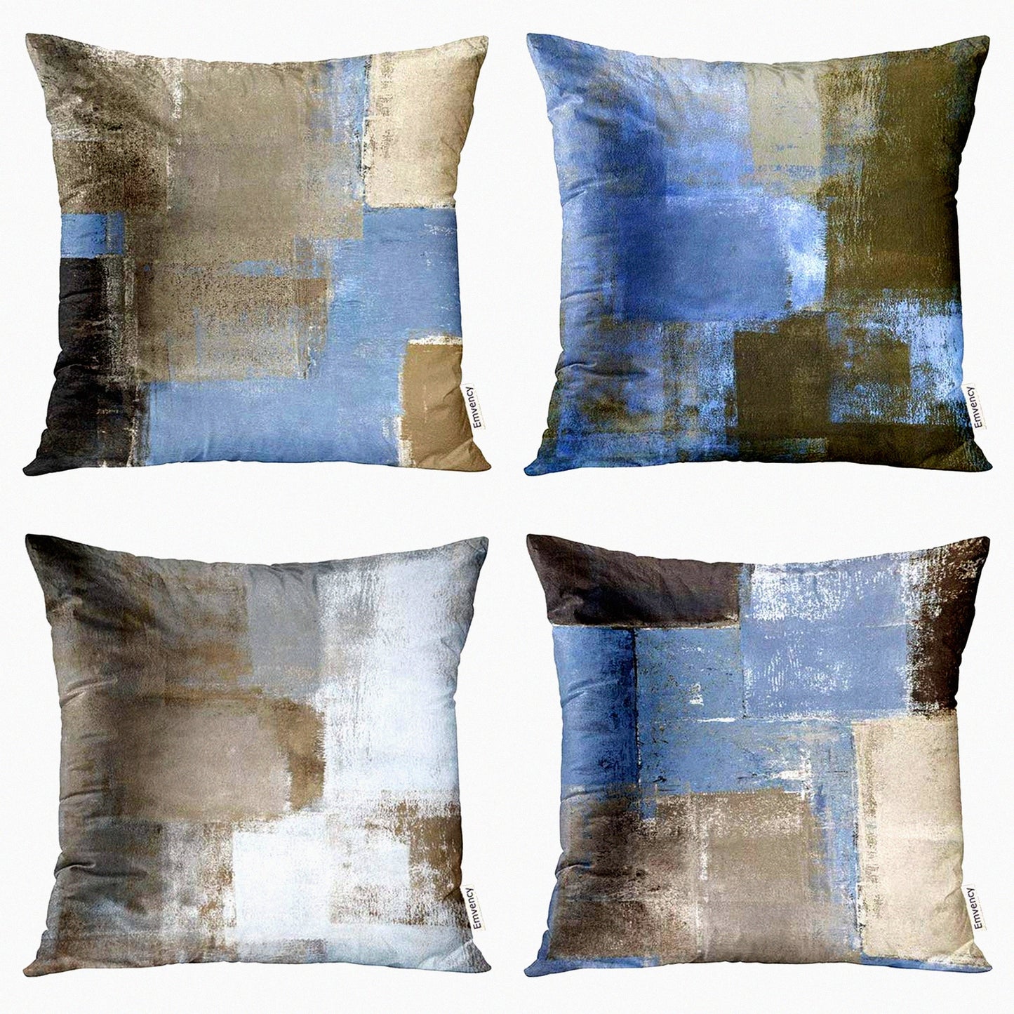 Abstract Art Decor Pillow Covers - Set of 4 Blue Beige Grey Brown Modern Home Square Cushion Sofa Cases 18x18 Inches - Decorative Throw Pillowcases