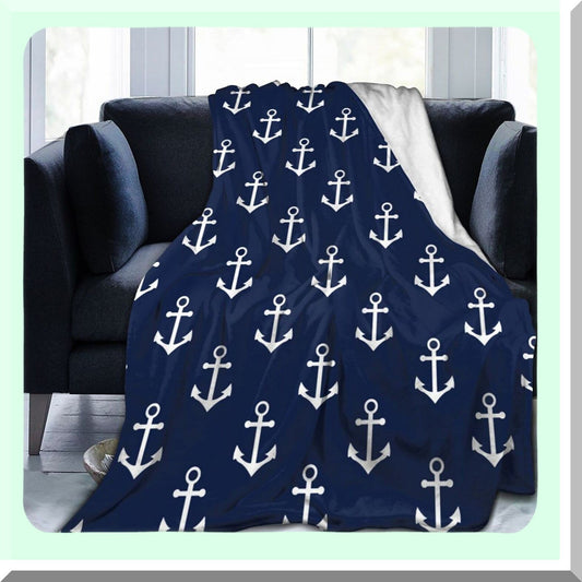 Navy Blue Anchor Flannel Fleece Throw Blanket