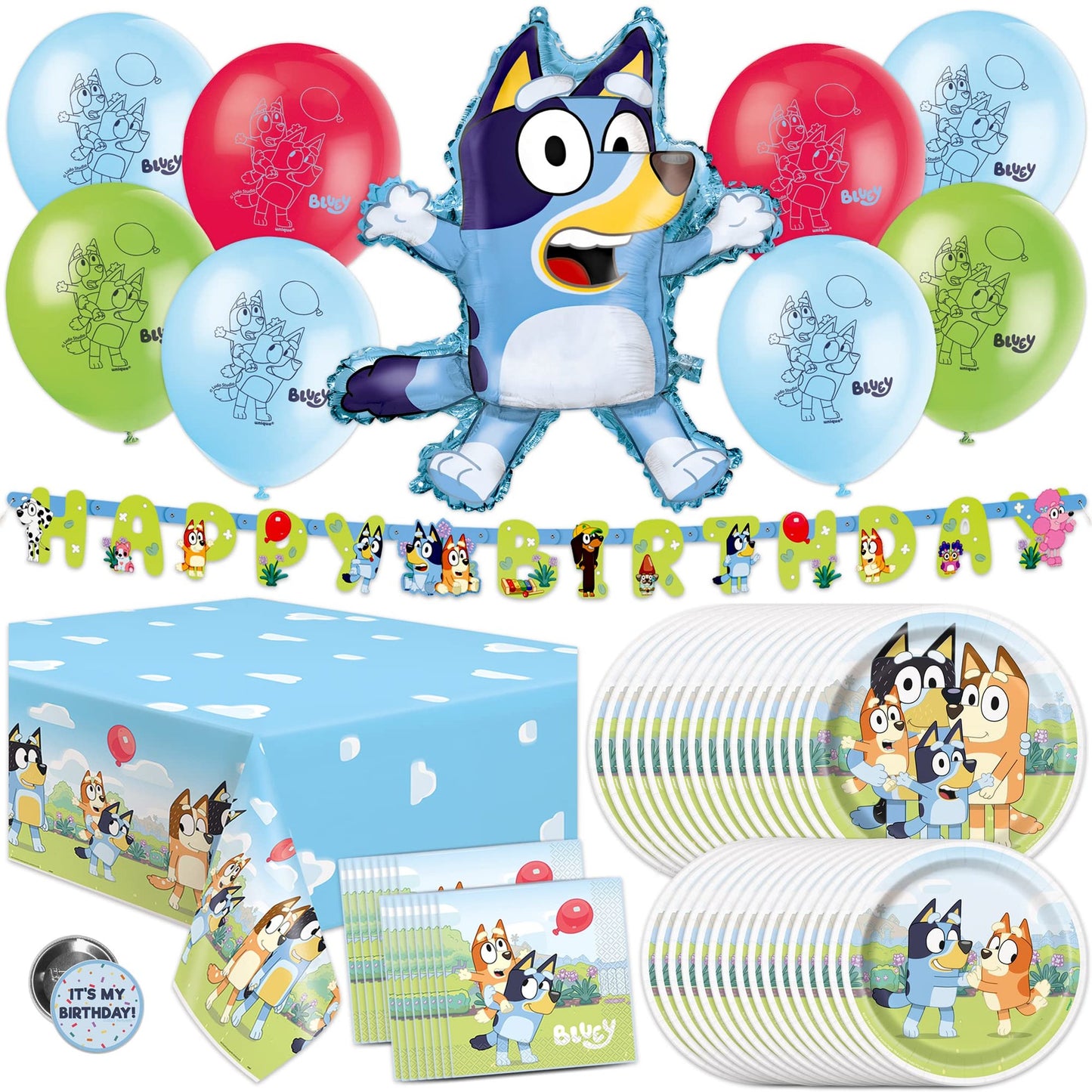 Bluey Bash Kit - Complete Bluey Birthday Party Supplies Set with Balloons, Banner, Tablecover, Plates, Napkins, and Button - Bluey Party Decorations