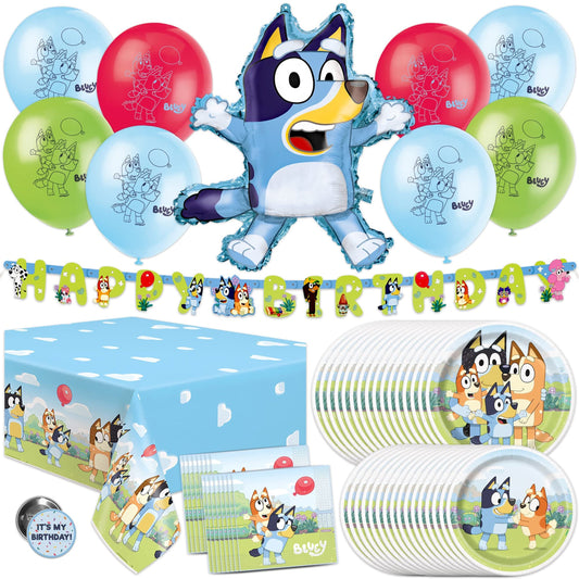 Bluey Bash Kit - Complete Bluey Birthday Party Supplies Set with Balloons, Banner, Tablecover, Plates, Napkins, and Button - Bluey Party Decorations