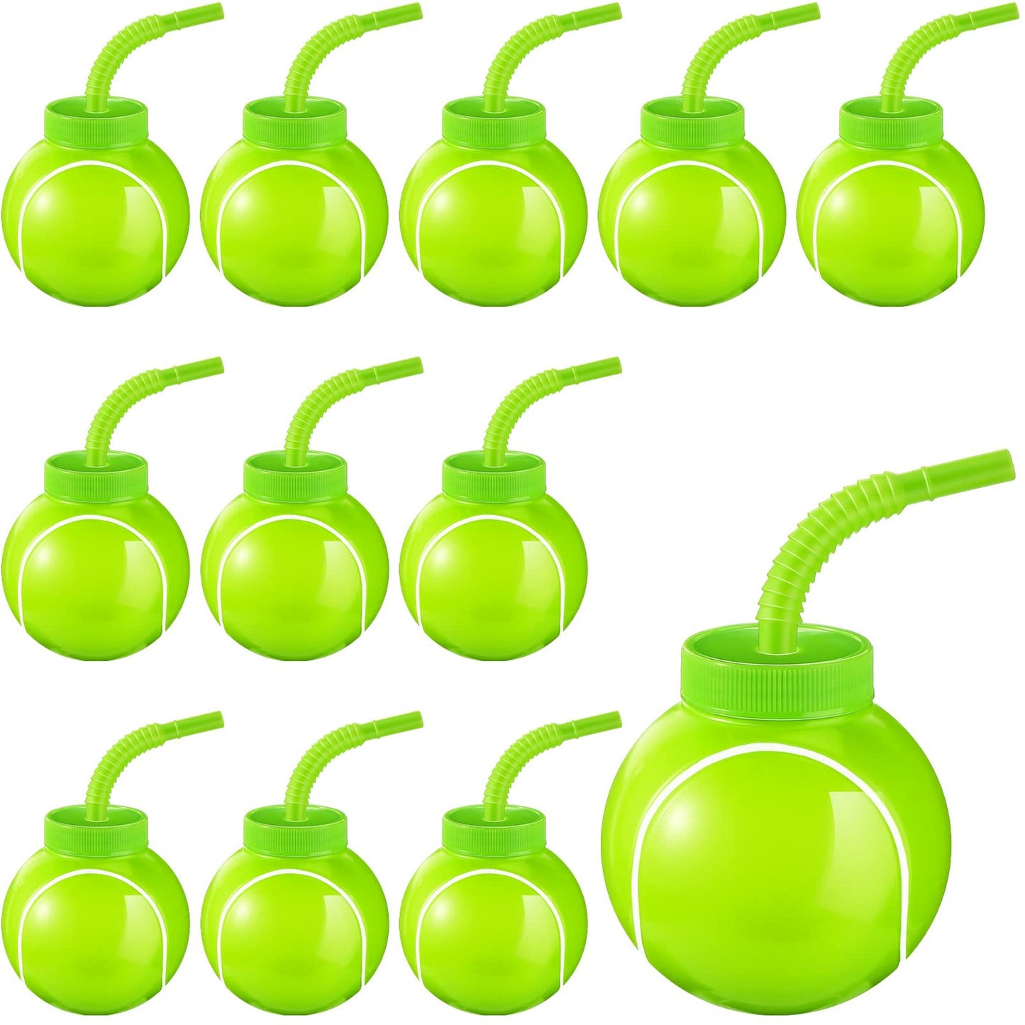 Tennis Ball Party Cups - 12 Sets of 10oz Plastic Cups with Straws and Lids for Kids Birthday, Favors, Decorations, and Gifts - Bulk Supplies