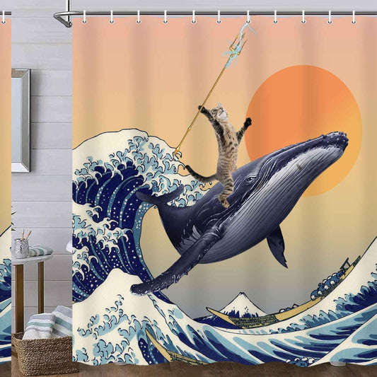 Funny Cat Shower Curtain with Whale and Waves, 71x71 Inches
