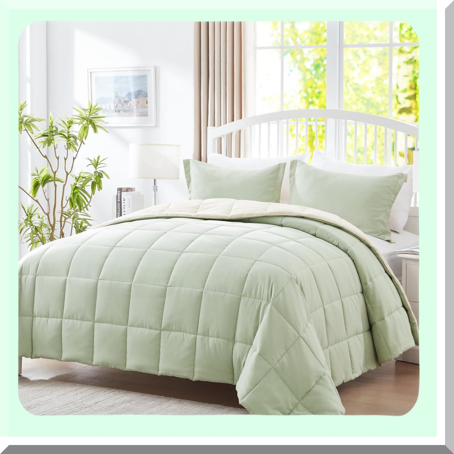 Sage Green/Khaki Reversible Comforter Set - Lightweight 3-Piece Down Alternative Bedding for All Seasons - Soft Queen Comforter