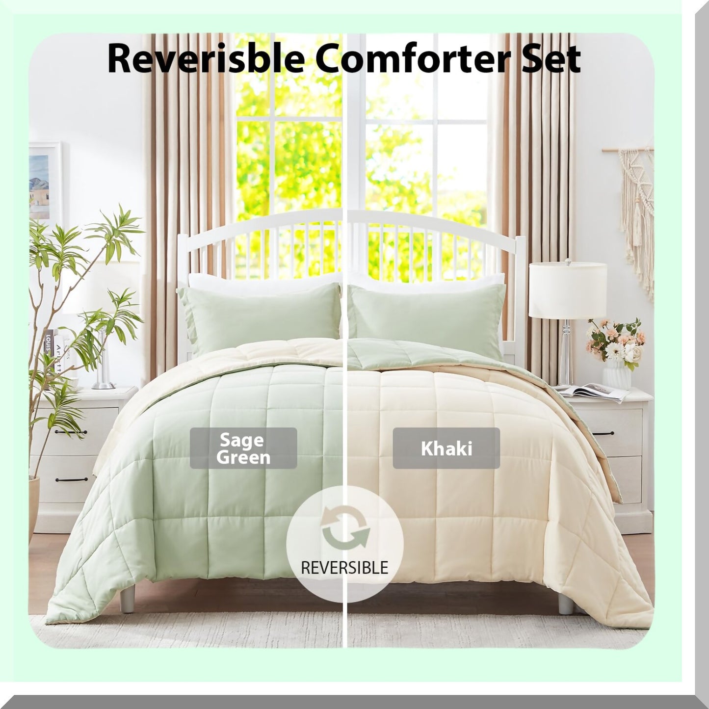 Sage Green/Khaki Reversible Comforter Set - Lightweight 3-Piece Down Alternative Bedding for All Seasons - Soft Queen Comforter