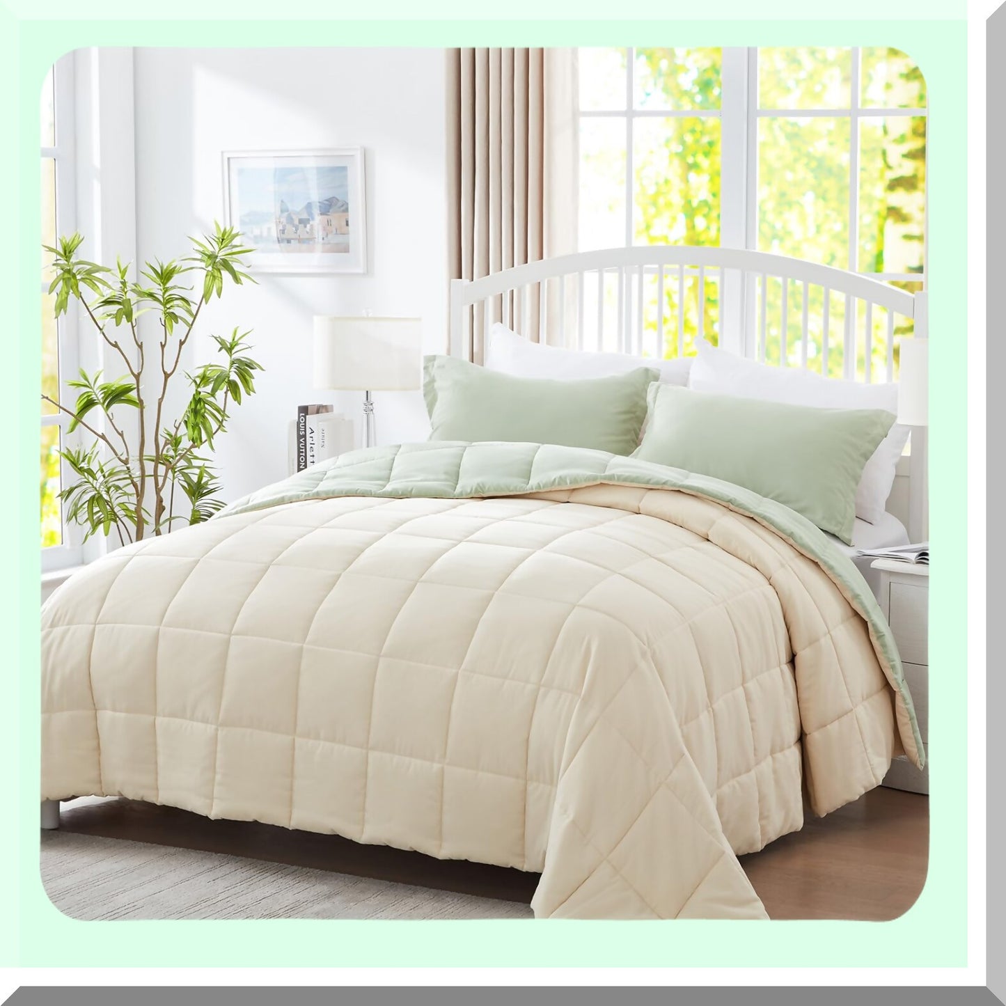 Sage Green/Khaki Reversible Comforter Set - Lightweight 3-Piece Down Alternative Bedding for All Seasons - Soft Queen Comforter