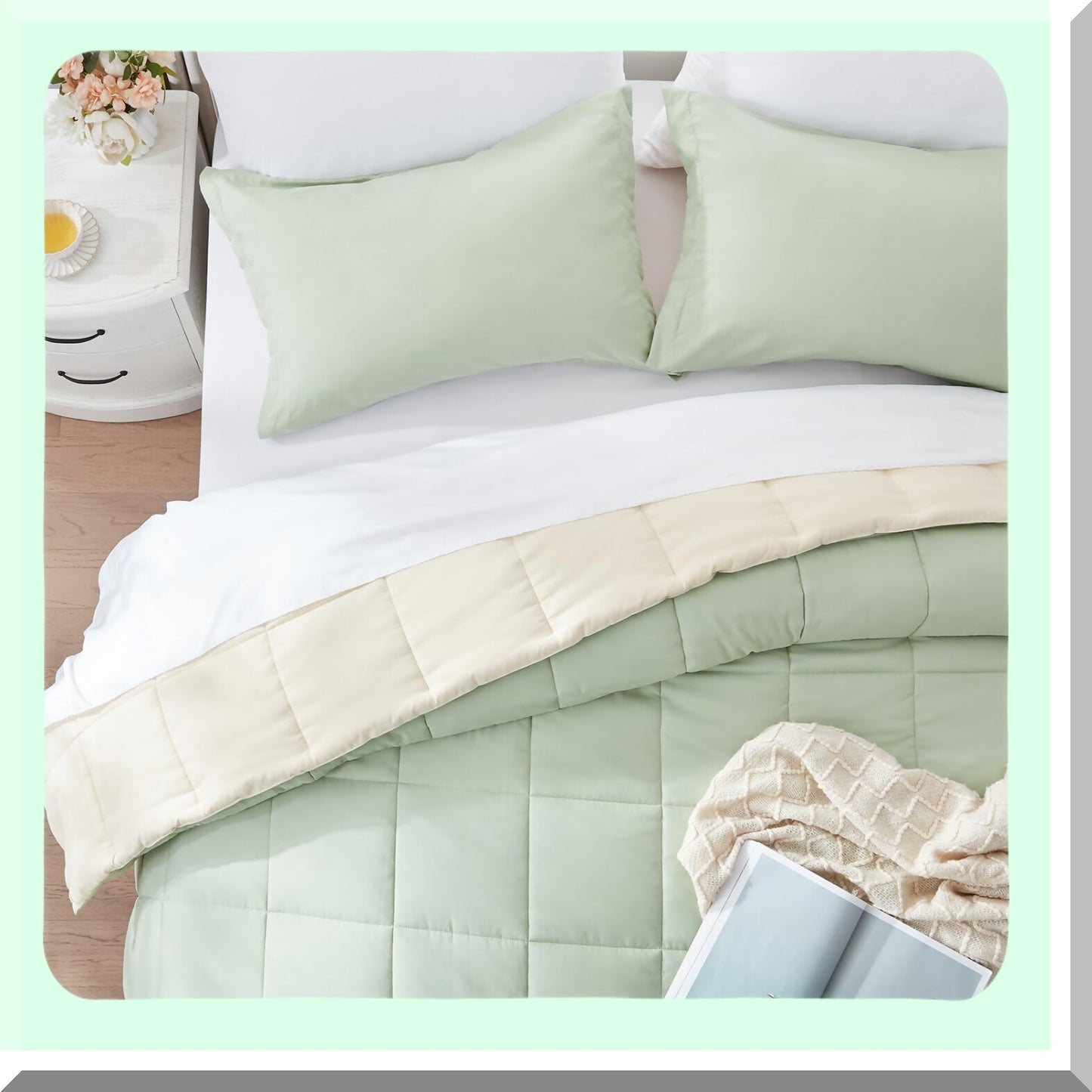Sage Green/Khaki Reversible Comforter Set - Lightweight 3-Piece Down Alternative Bedding for All Seasons - Soft Queen Comforter