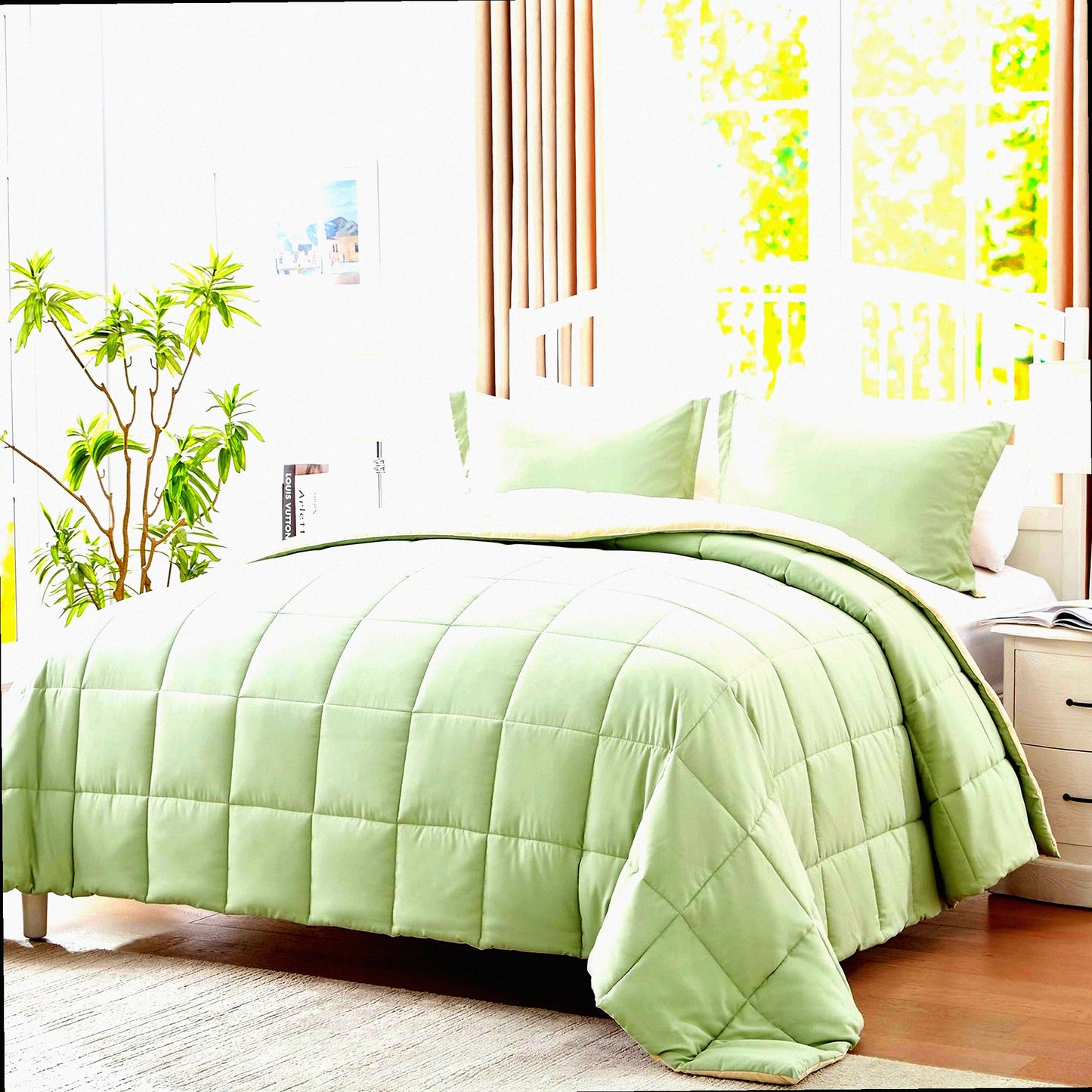 Sage Green/Khaki Reversible Comforter Set - Lightweight 3-Piece Down Alternative Bedding for All Seasons - Soft Queen Comforter
