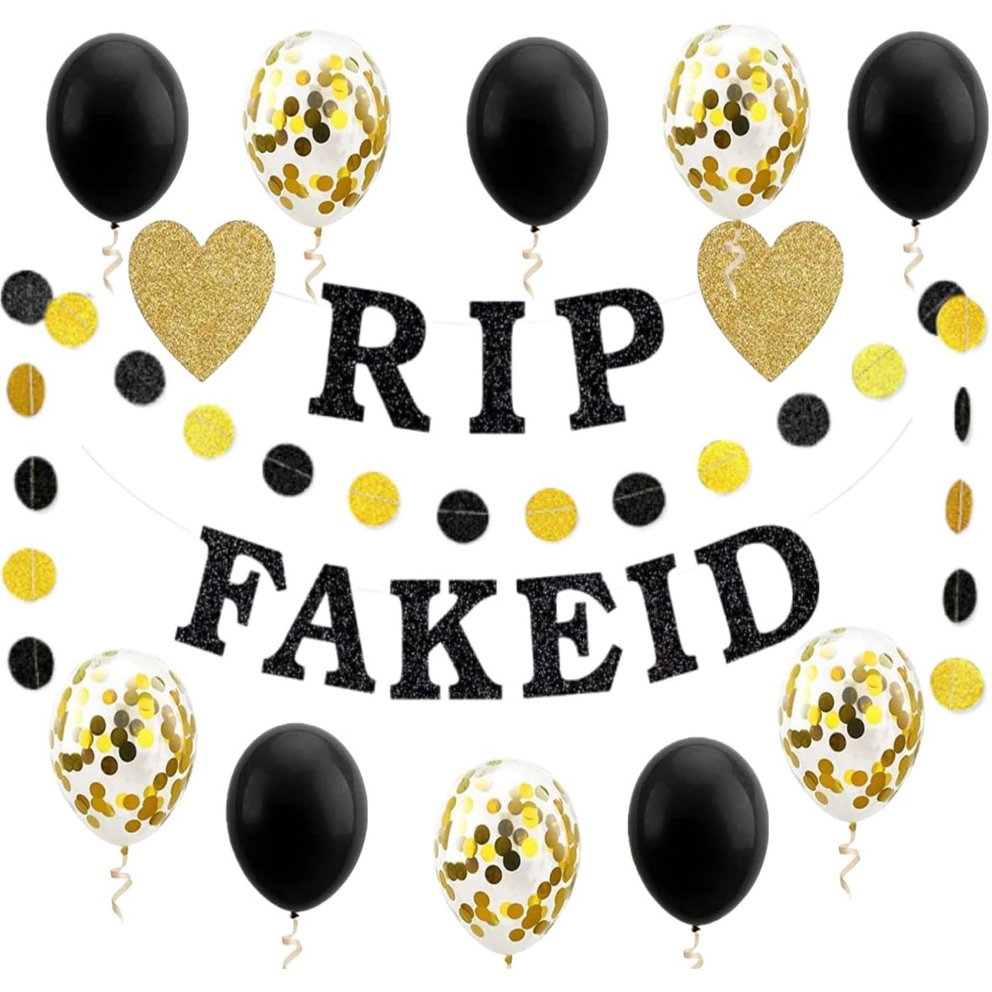 21st Birthday Bash Kit: RIP Fake ID Edition - Funny Bday Decorations Set with Glitter Banner, Balloons, Bunting - Black Gold Party Supplies for Him Her
