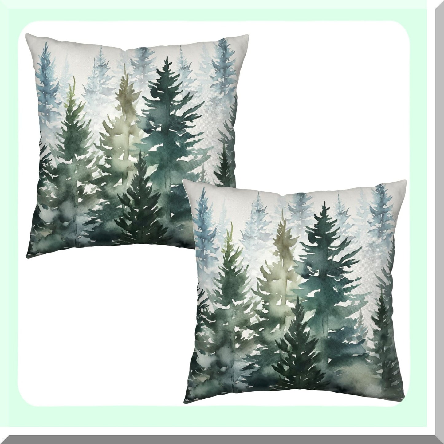 Forest Green Winter Tree Pillow Covers - Set of 2 Rustic Nature Decorative Cases for Outdoor Couch. Farmhouse Square Pillowcase for Patio.