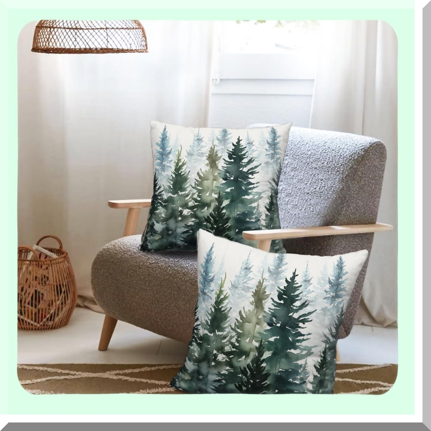 Forest Green Winter Tree Pillow Covers - Set of 2 Rustic Nature Decorative Cases for Outdoor Couch. Farmhouse Square Pillowcase for Patio.
