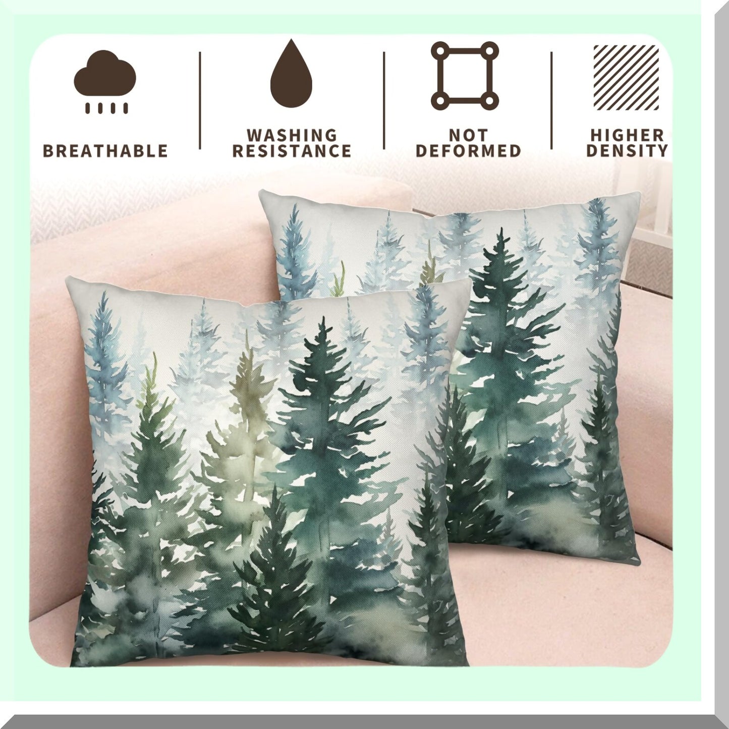 Forest Green Winter Tree Pillow Covers - Set of 2 Rustic Nature Decorative Cases for Outdoor Couch. Farmhouse Square Pillowcase for Patio.