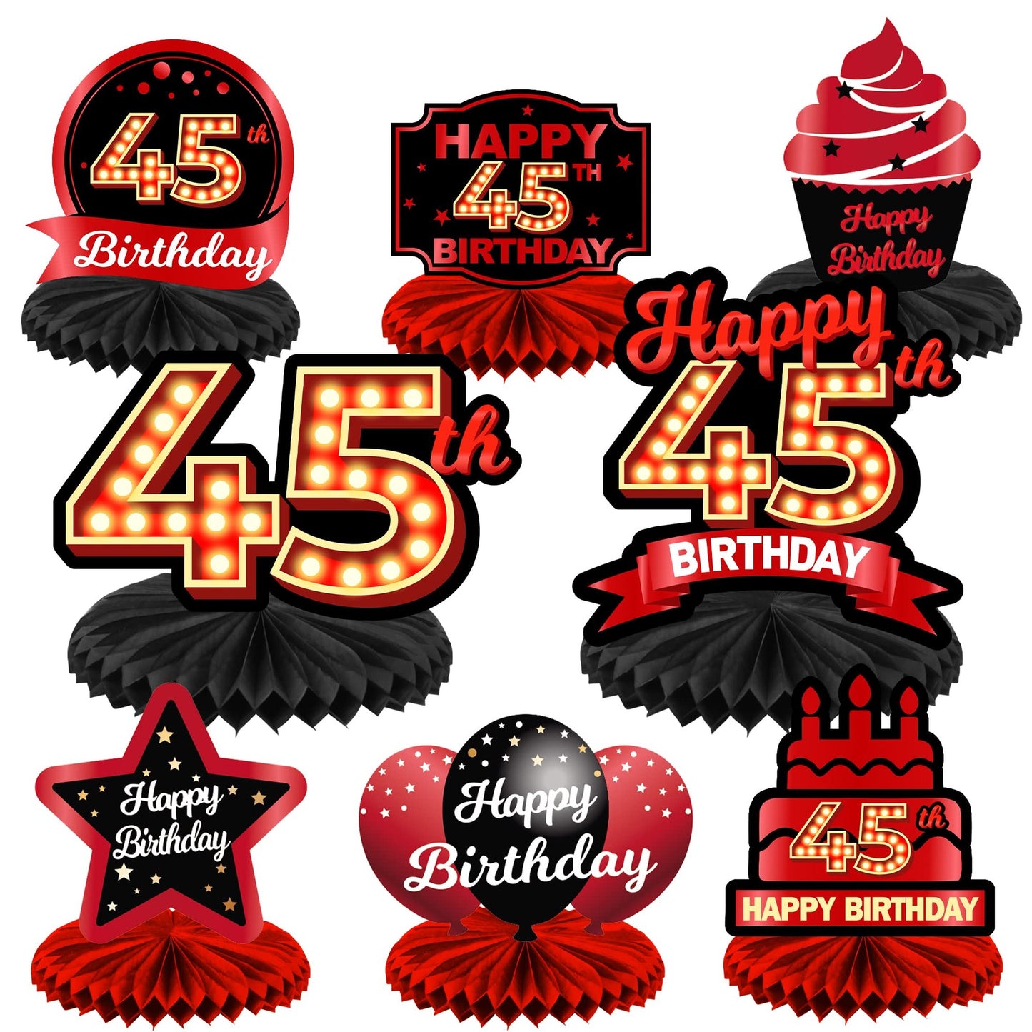 Red Black Honeycomb Tabletop Balloon Centerpieces - Princess 45th Birthday Party Decorations for Women - Gold Theme Table Toppers & Supplies