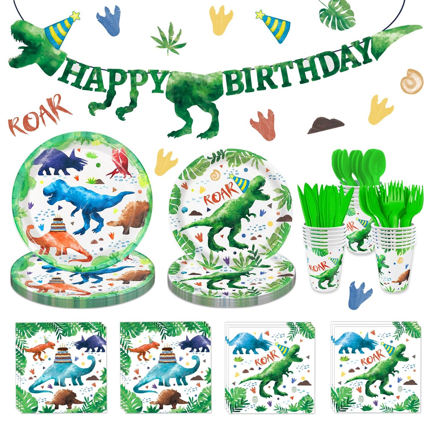 Watercolor Dinosaur Party Supplies for 24 Guests