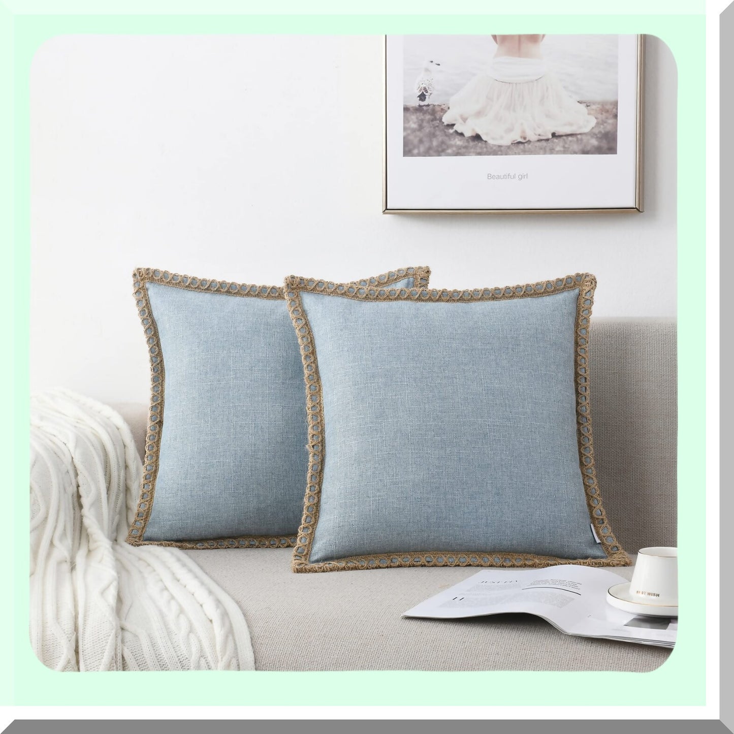 Farmhouse Linen Trimmed Throw Pillow Covers - Set of 2 Decorative Cushion Covers for Bed & Outdoor Decoration, Light Blue 22"x22" (2 Pieces)