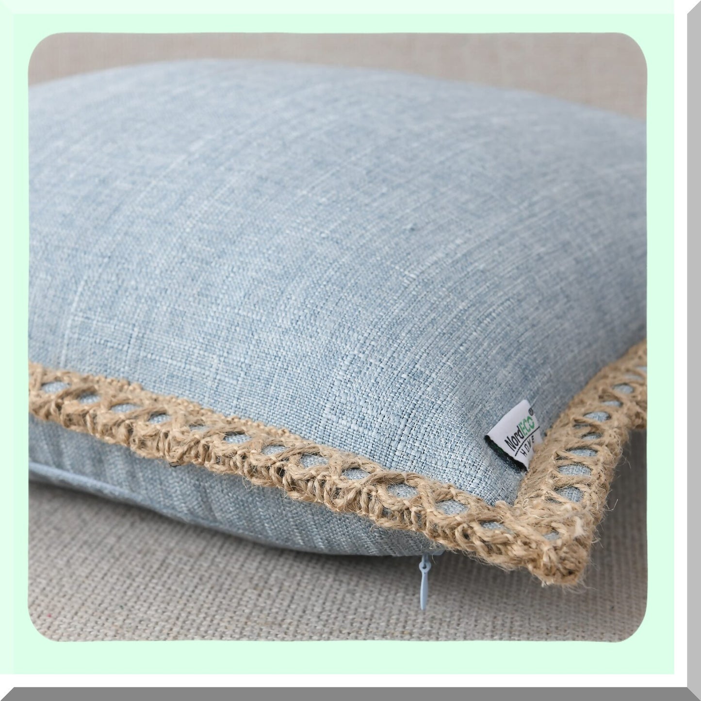 Farmhouse Linen Trimmed Throw Pillow Covers - Set of 2 Decorative Cushion Covers for Bed & Outdoor Decoration, Light Blue 22"x22" (2 Pieces)