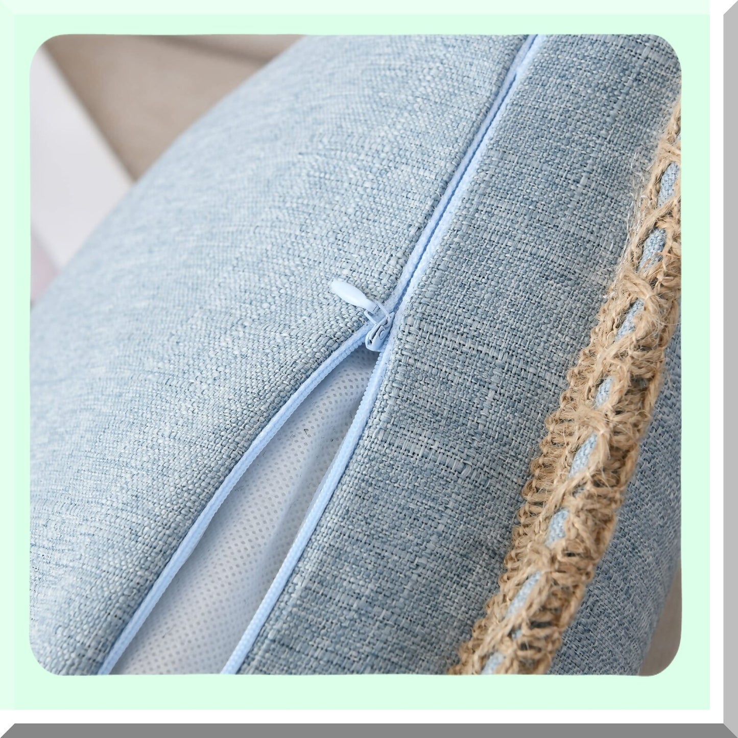 Farmhouse Linen Trimmed Throw Pillow Covers - Set of 2 Decorative Cushion Covers for Bed & Outdoor Decoration, Light Blue 22"x22" (2 Pieces)