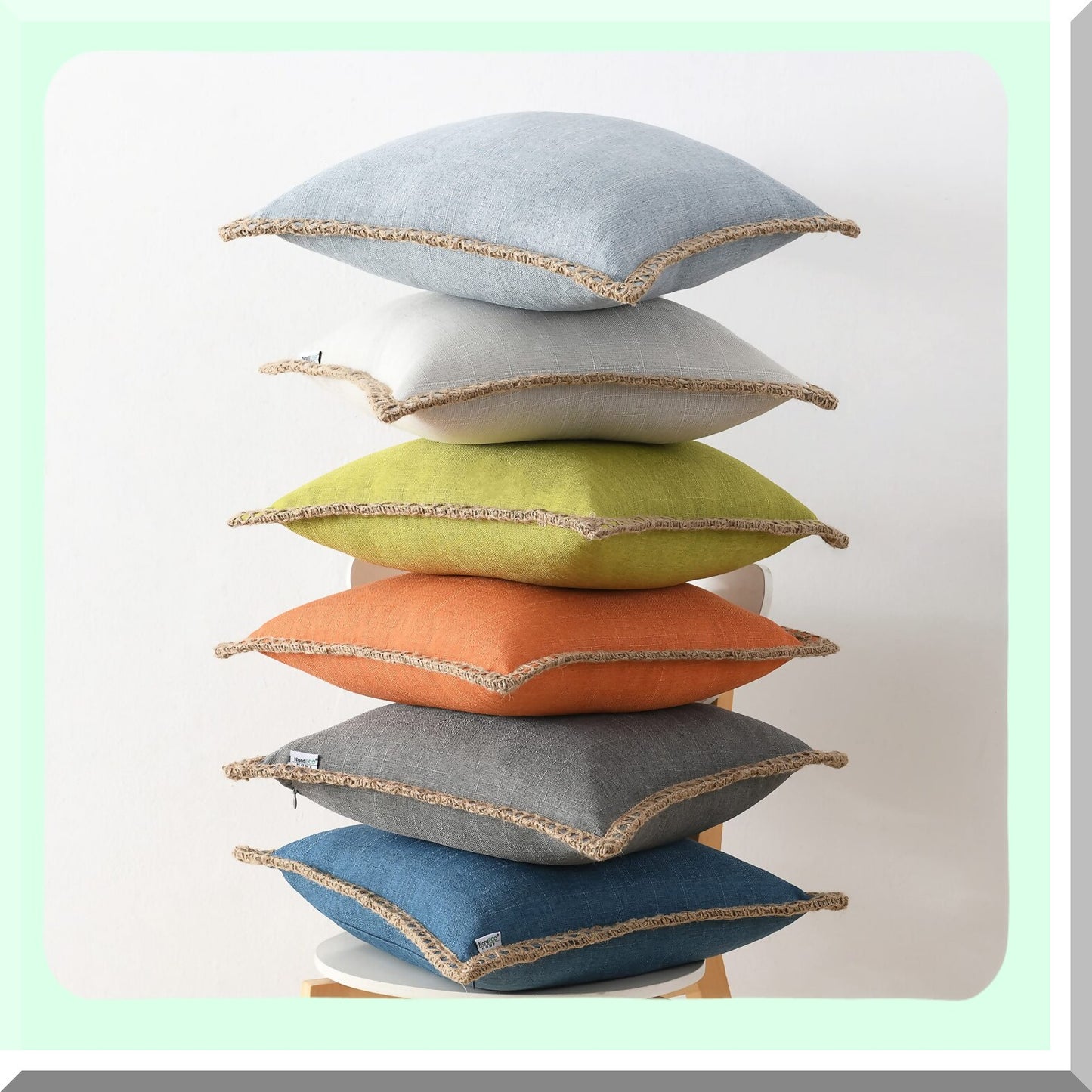 Farmhouse Linen Trimmed Throw Pillow Covers - Set of 2 Decorative Cushion Covers for Bed & Outdoor Decoration, Light Blue 22"x22" (2 Pieces)
