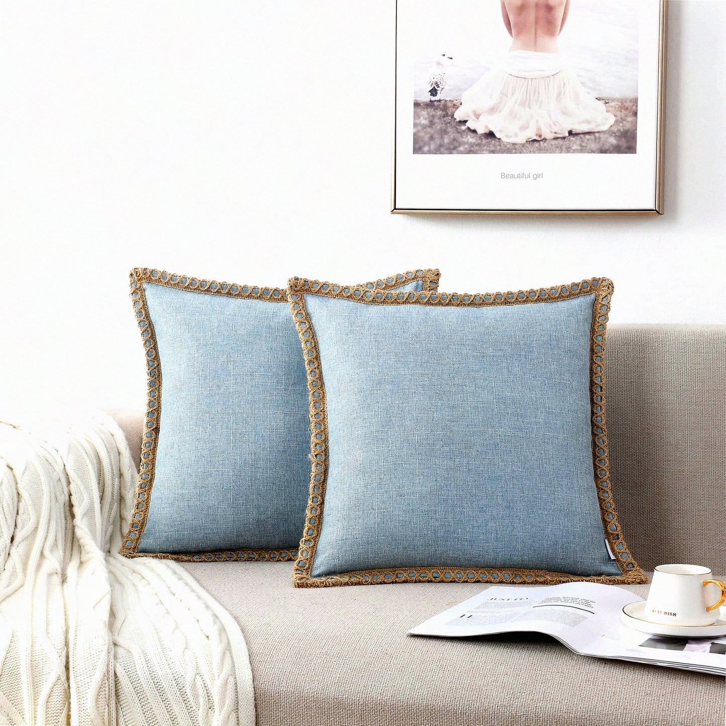 Farmhouse Linen Trimmed Throw Pillow Covers - Set of 2 Decorative Cushion Covers for Bed & Outdoor Decoration, Light Blue 22"x22" (2 Pieces)