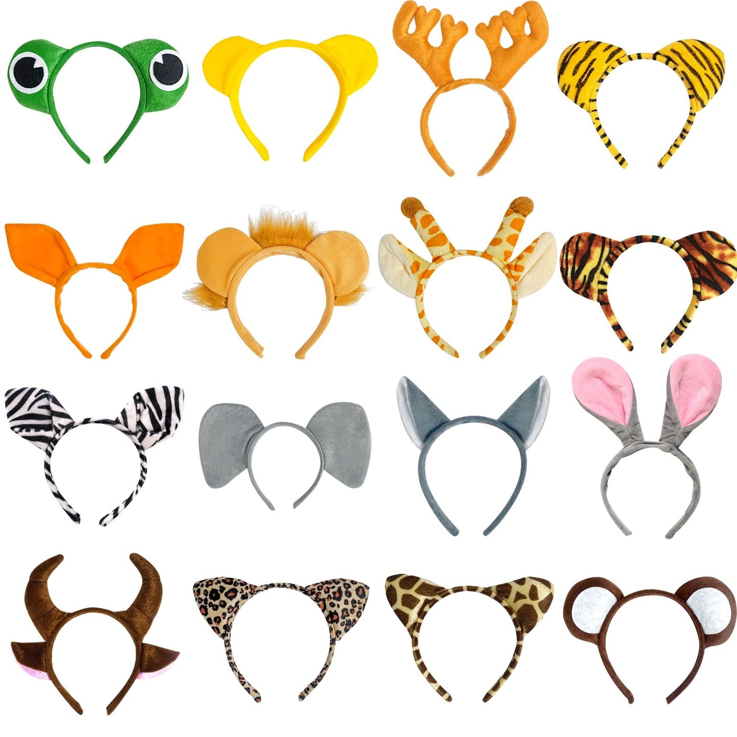 Jungle Safari Ears Headbands - Set of 16 Plush Party Favors for Wild One Birthday Decorations, Kids & Adults - Fun Animal Theme Costume Accessory
