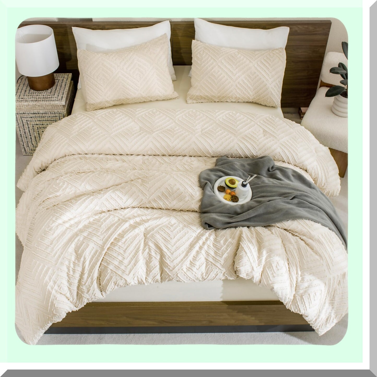 Boho Chic California Dream Comforter Set - Cream Tufted Bedding Collection - Oversized Lightweight Down Alternative Bed Set with Pillowcases