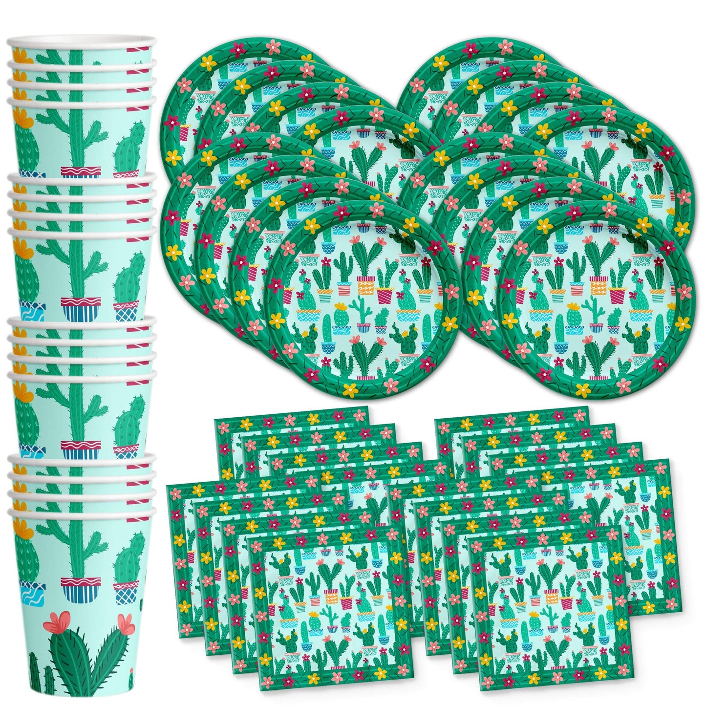 Cactus Party Supplies Set for 16 - Plates, Napkins, Cups