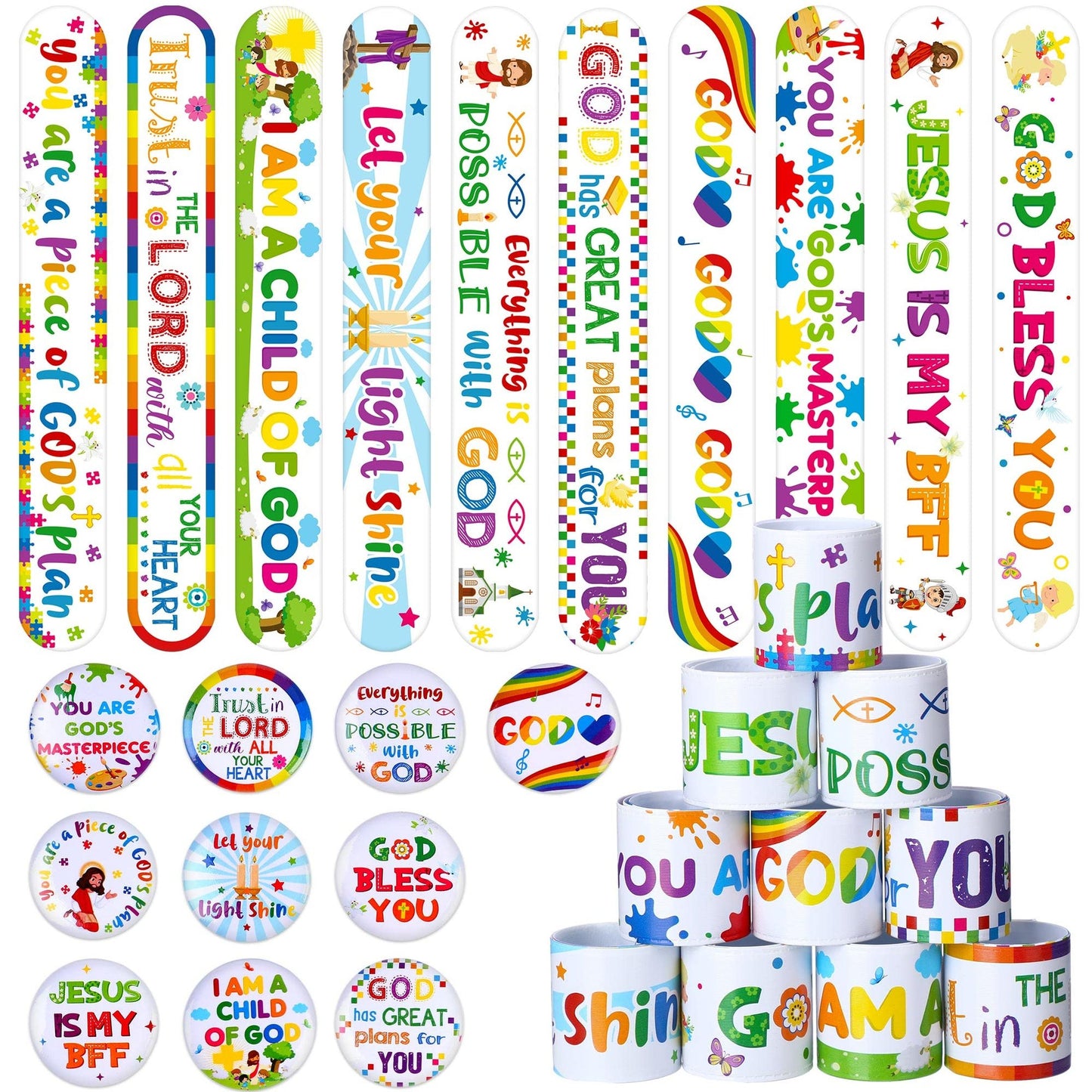 Jesus Love Snap Bands - Religious Slap Bracelets & Button Pins Set for Kids - Christian Badges & Wristbands for Sunday School & Birthday Party Favors