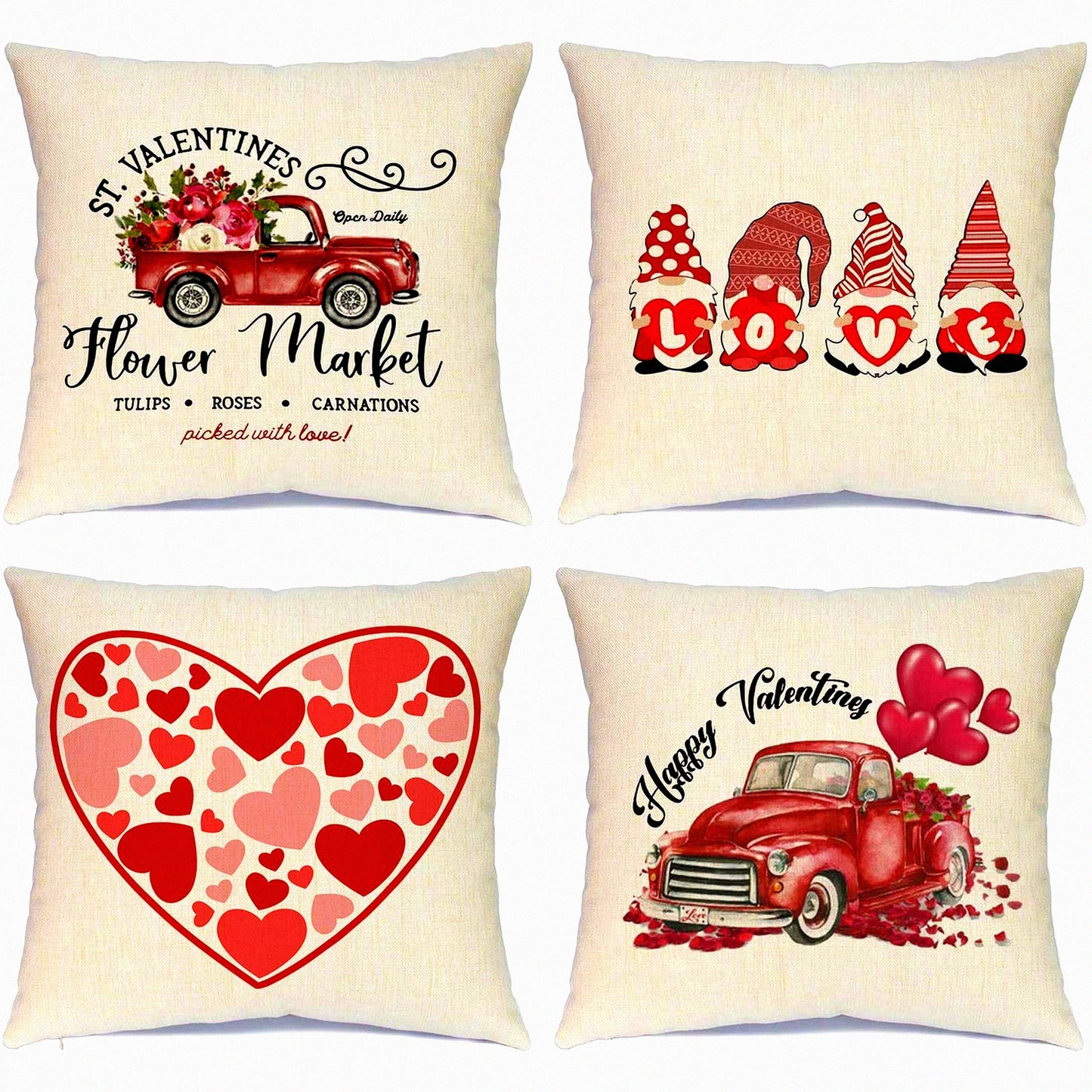 Love Heart Decor Pillow Set - 18x18 Inch Red Throw Pillows (Set of 4) - Valentine's Day Decorative Cushion Cases for Home Wedding Party - Romantic Decorations