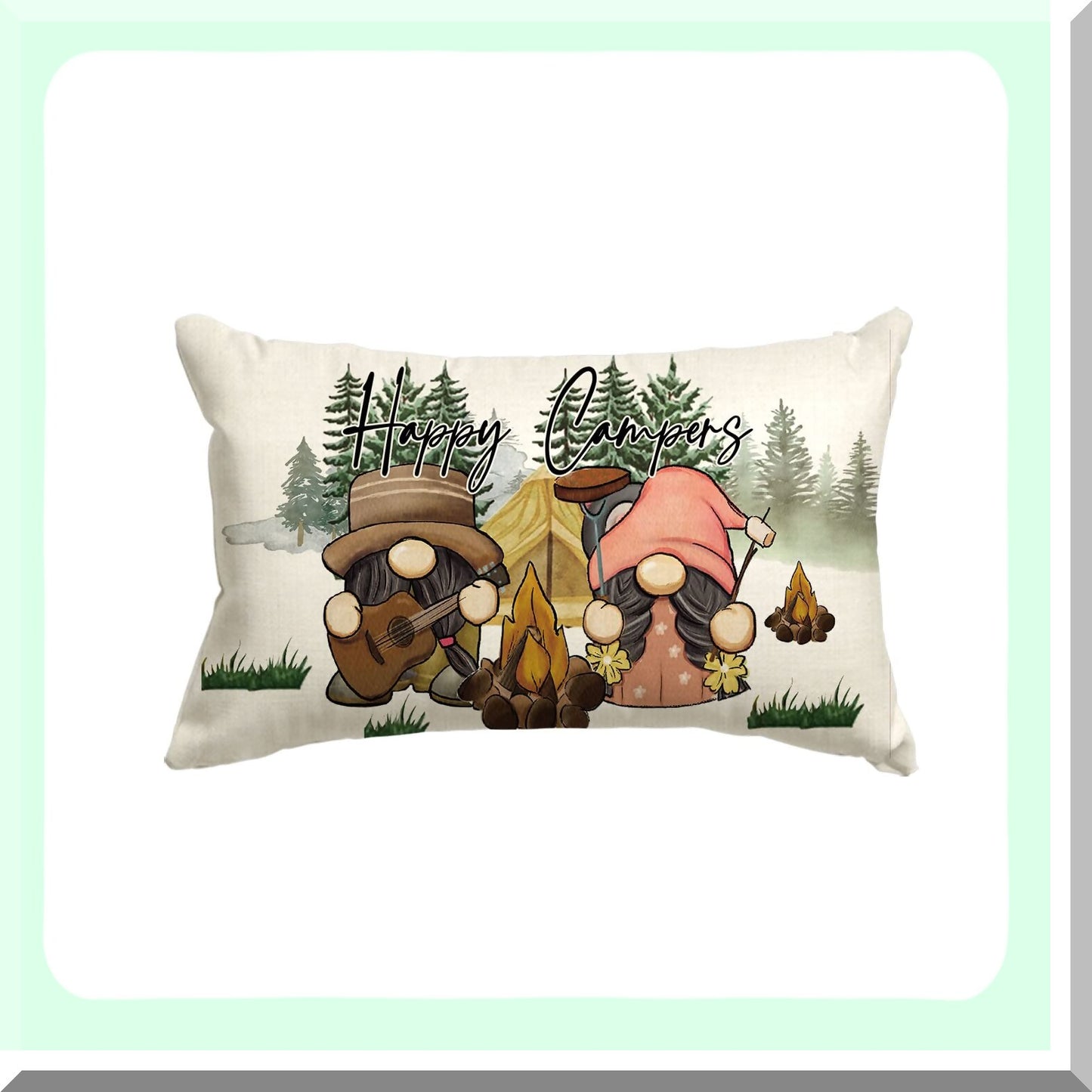Gnome Campfire Adventure Pillow Cover - Cozy Home Decor for Happy Campers, 12x20 Inch Sofa Couch Accent with Whimsical Design