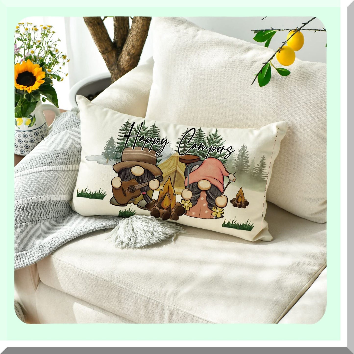 Gnome Campfire Adventure Pillow Cover - Cozy Home Decor for Happy Campers, 12x20 Inch Sofa Couch Accent with Whimsical Design