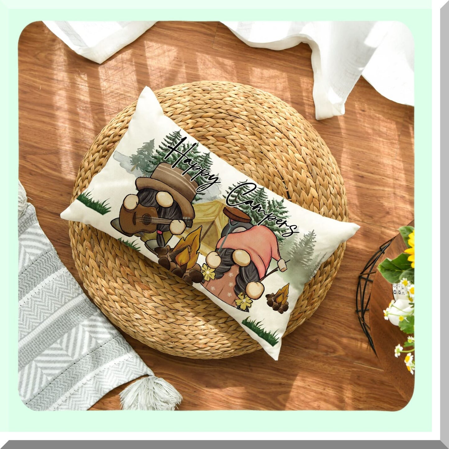 Gnome Campfire Adventure Pillow Cover - Cozy Home Decor for Happy Campers, 12x20 Inch Sofa Couch Accent with Whimsical Design