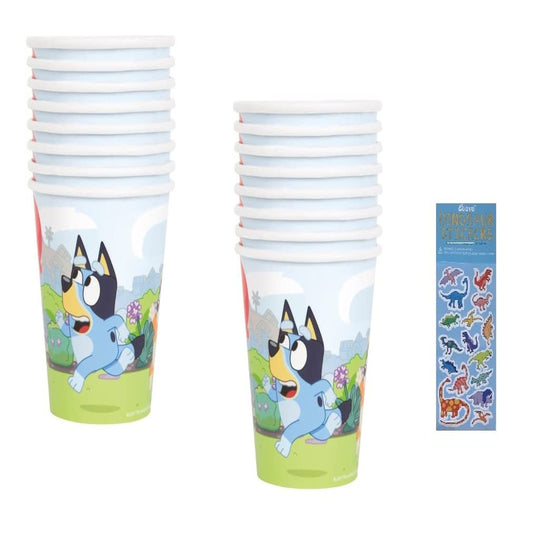 Bluey Dino Party Pack - 16 Cups & Sticker Sheet - Perfect for Birthday Parties, Dinosaurs Themed Events, Kids Celebrations - Fun & Colorful Set