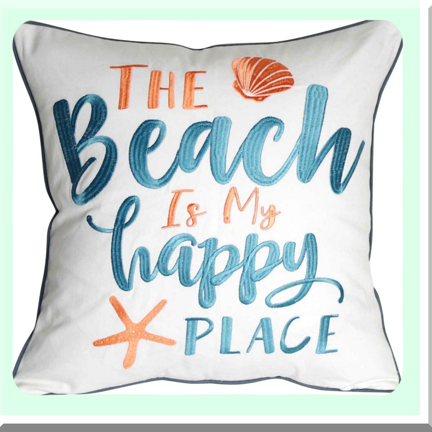 Happy Beach Vibes Embroidered Pillow Cover - 18" Square Decorative Canvas with Beach Pattern - Coastal Home Decor - Cover Only