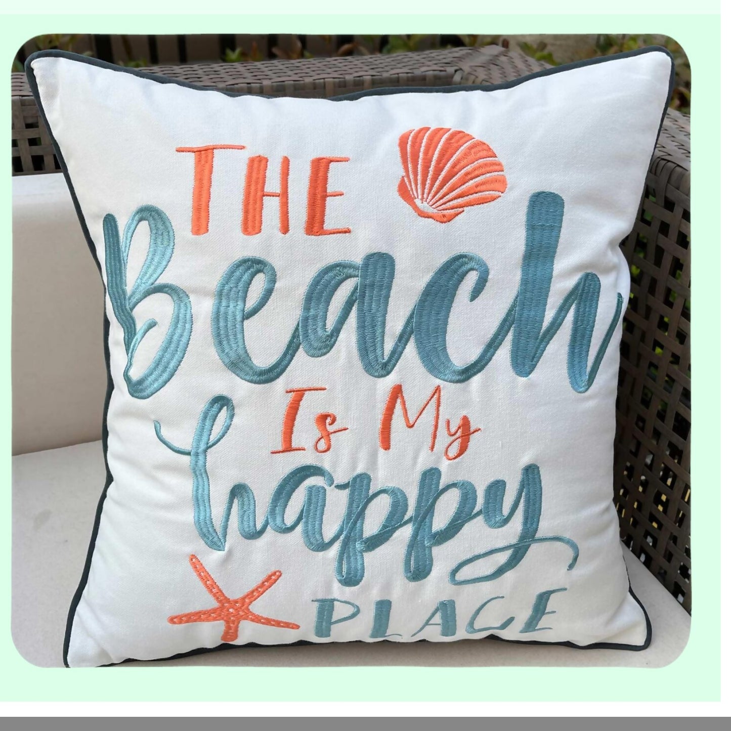 Happy Beach Vibes Embroidered Pillow Cover - 18" Square Decorative Canvas with Beach Pattern - Coastal Home Decor - Cover Only