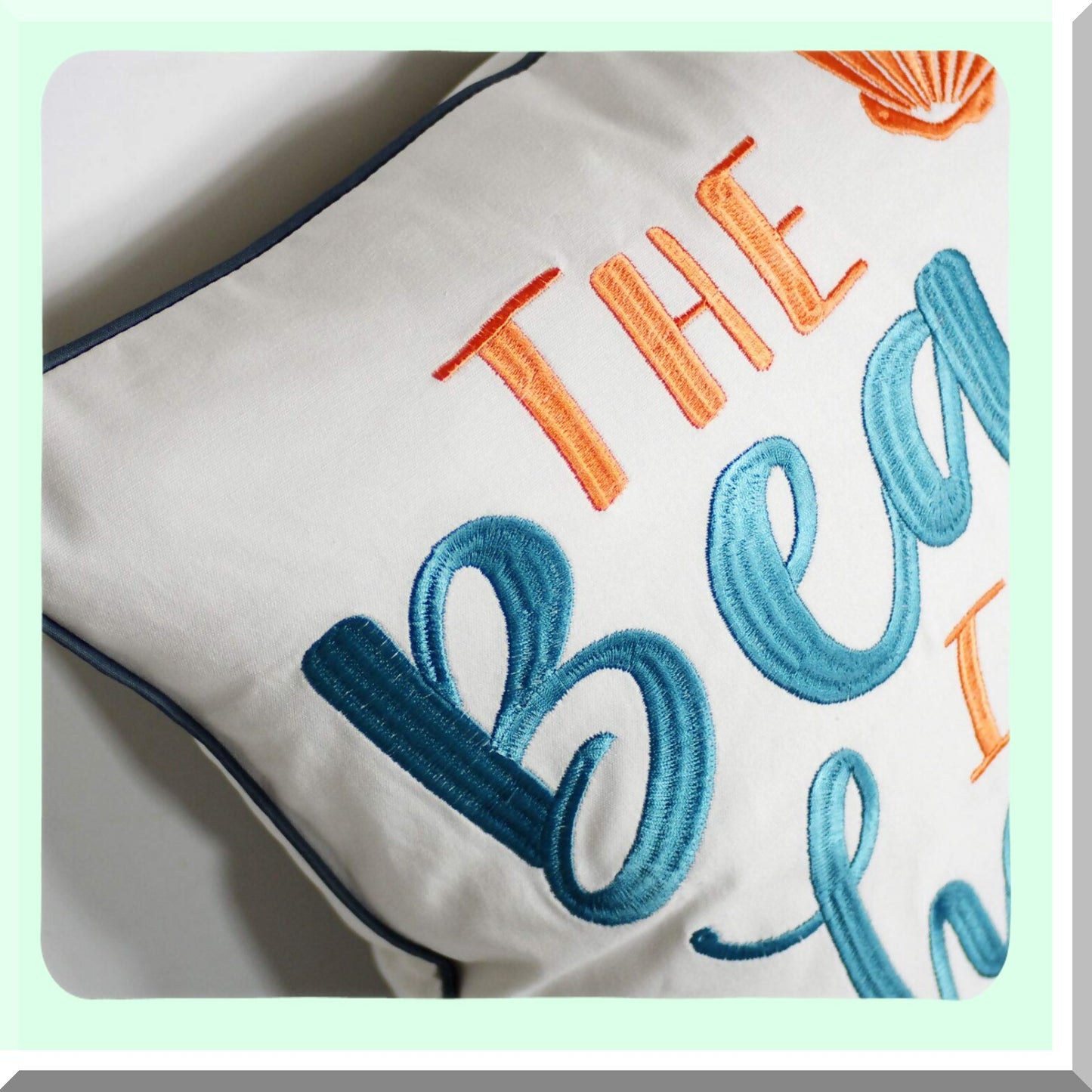 Happy Beach Vibes Embroidered Pillow Cover - 18" Square Decorative Canvas with Beach Pattern - Coastal Home Decor - Cover Only