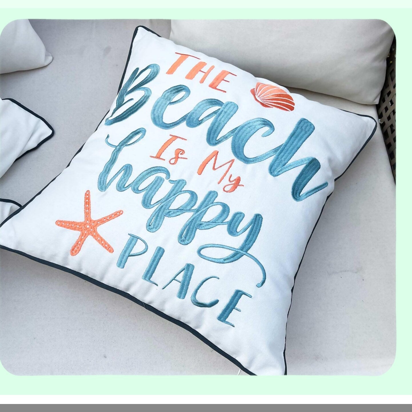 Happy Beach Vibes Embroidered Pillow Cover - 18" Square Decorative Canvas with Beach Pattern - Coastal Home Decor - Cover Only