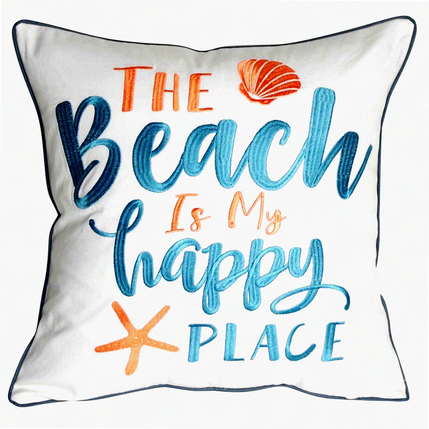 Happy Beach Vibes Embroidered Pillow Cover - 18" Square Decorative Canvas with Beach Pattern - Coastal Home Decor - Cover Only