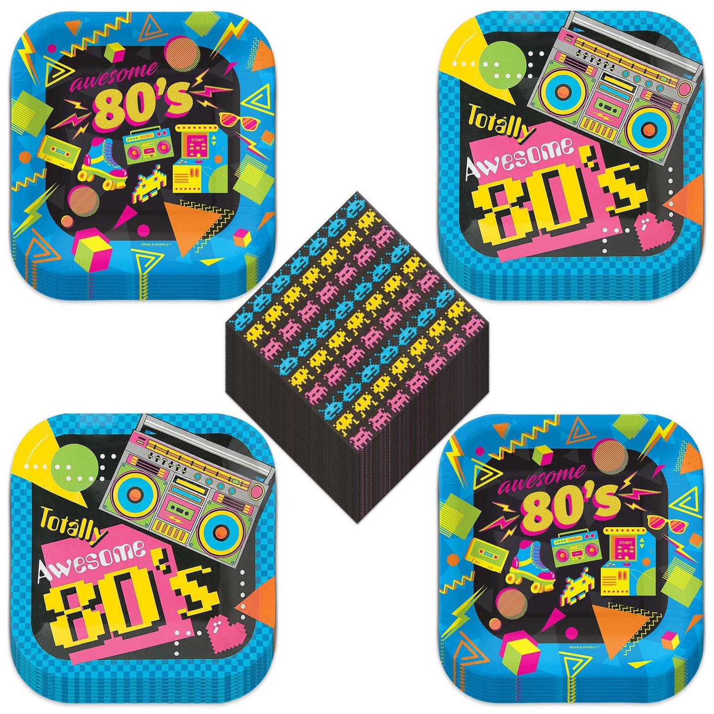 Retro Blast Party Pack - 80s Icons Paper Plates & Napkins Set for 32 Guests - Totally Awesome Throwback Supplies for a Rad Celebration!