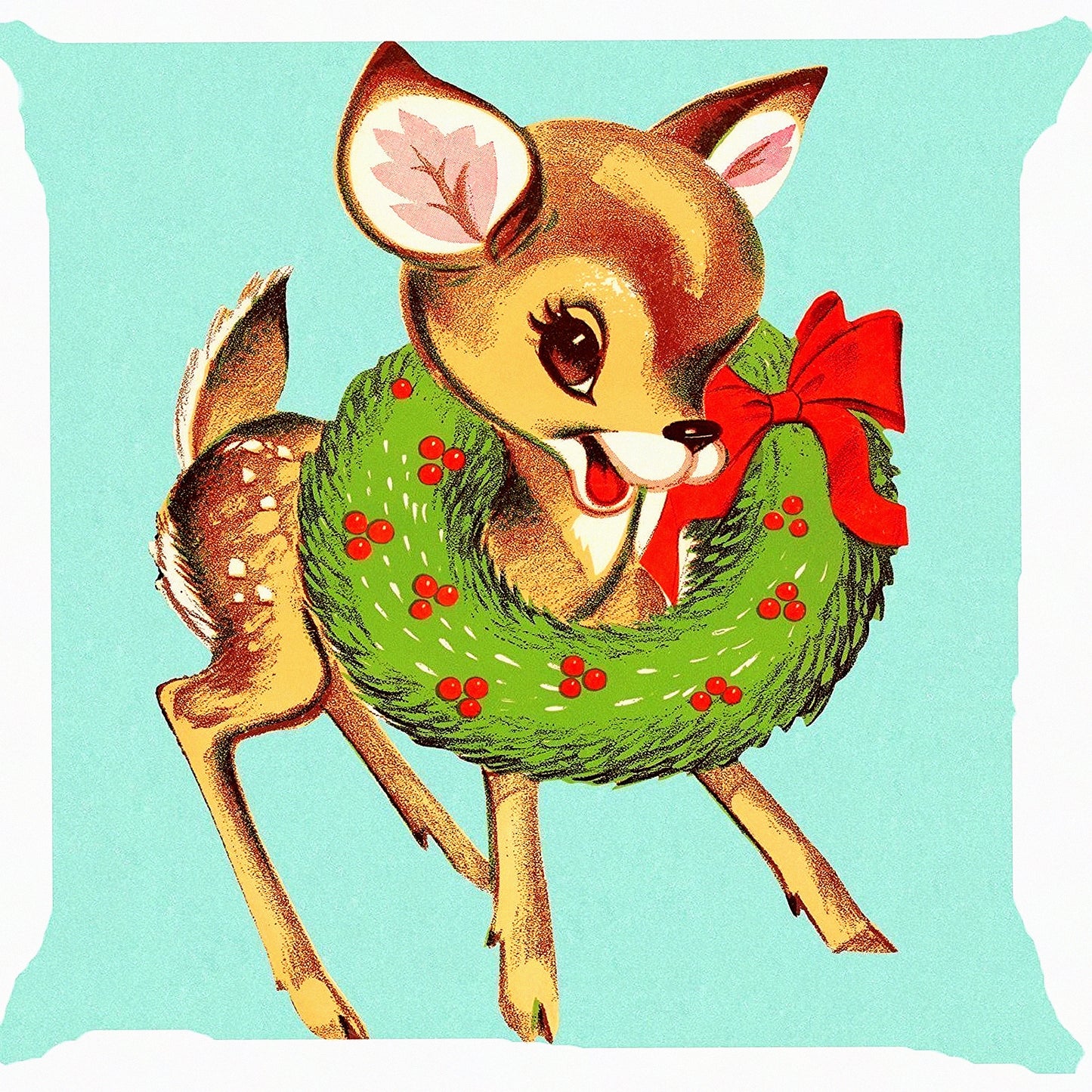 Retro Vintage Reindeer Flower Wreath Pillow Cover - 20x20 Inches - Cute Baby Claus Design - Distinctive Home Decor Accessory