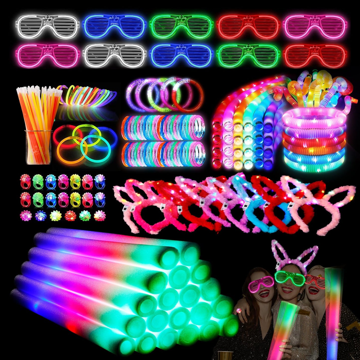 Neon Glow Party Pack - 146Pcs Glow in the Dark Supplies for Kids: 50 Glow Sticks, 20 Foam Lights, 10 Bunny Ear Headbands & More! Perfect for Weddings & Birthdays!
