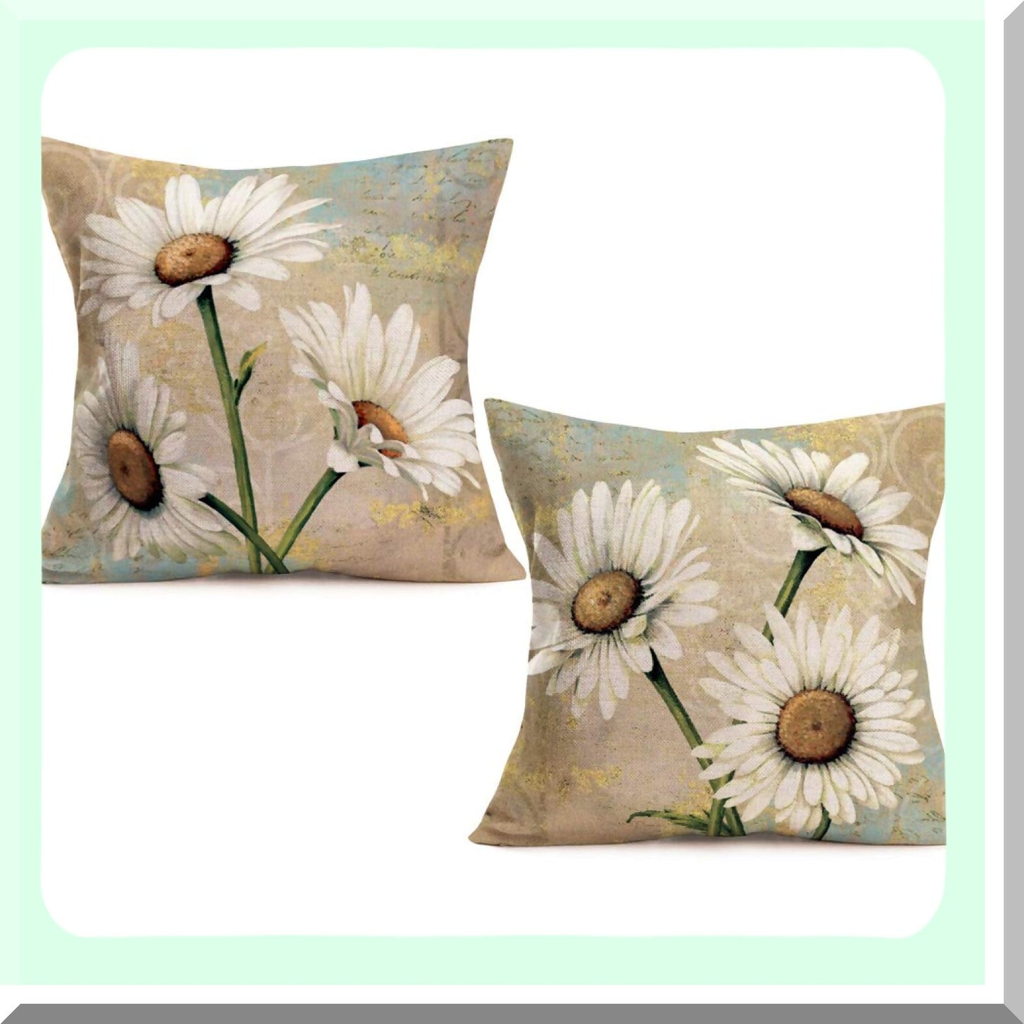 Retro Daisy Floral Linen Pillow Covers - Set of 2 White Flower Cushion Cases for Sofa Bedding - 18x18 Inch Square Accent Throw Pillows