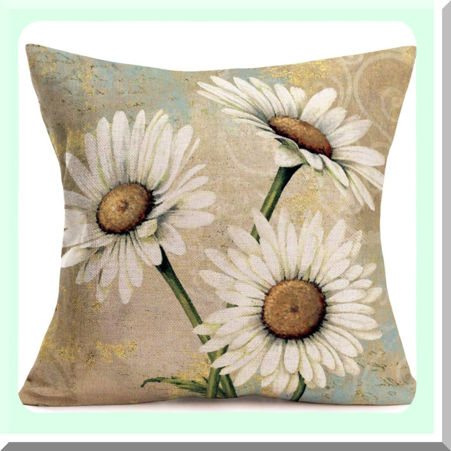 Retro Daisy Floral Linen Pillow Covers - Set of 2 White Flower Cushion Cases for Sofa Bedding - 18x18 Inch Square Accent Throw Pillows