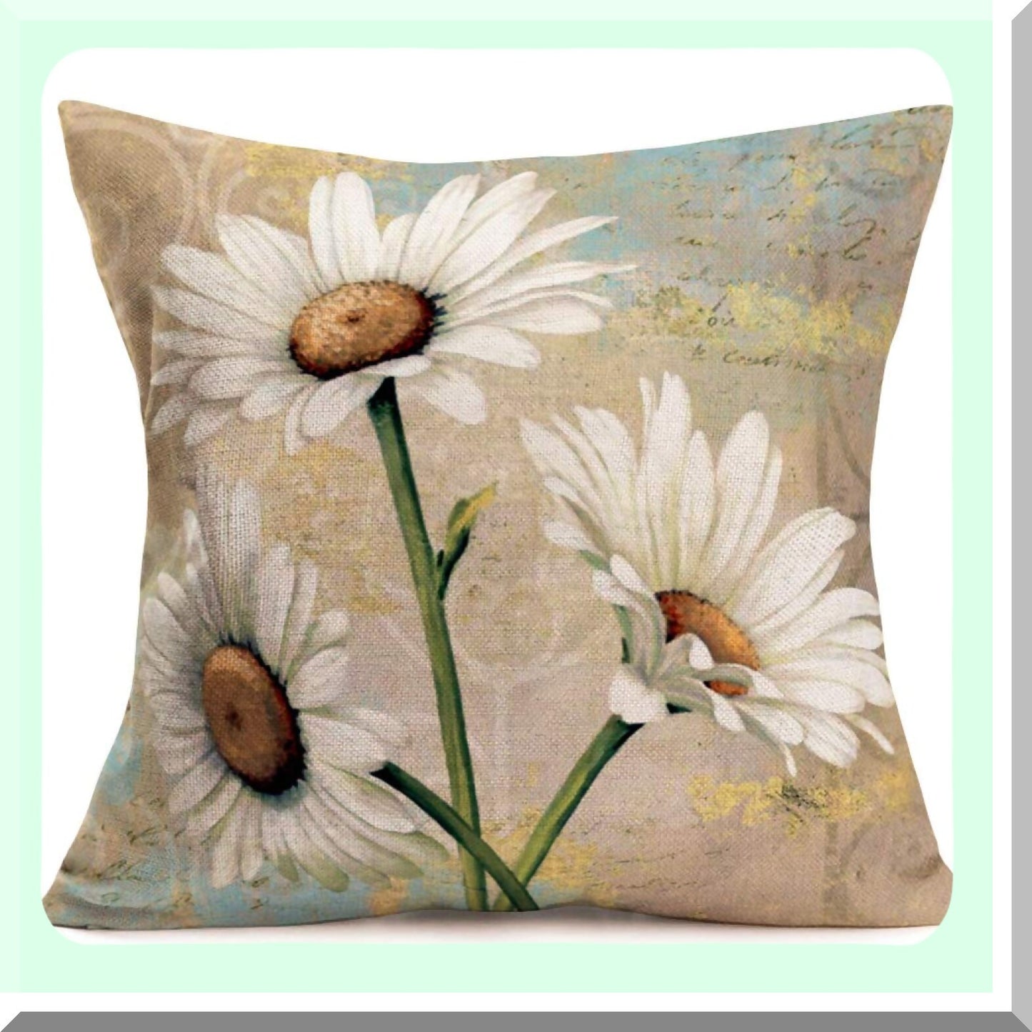 Retro Daisy Floral Linen Pillow Covers - Set of 2 White Flower Cushion Cases for Sofa Bedding - 18x18 Inch Square Accent Throw Pillows