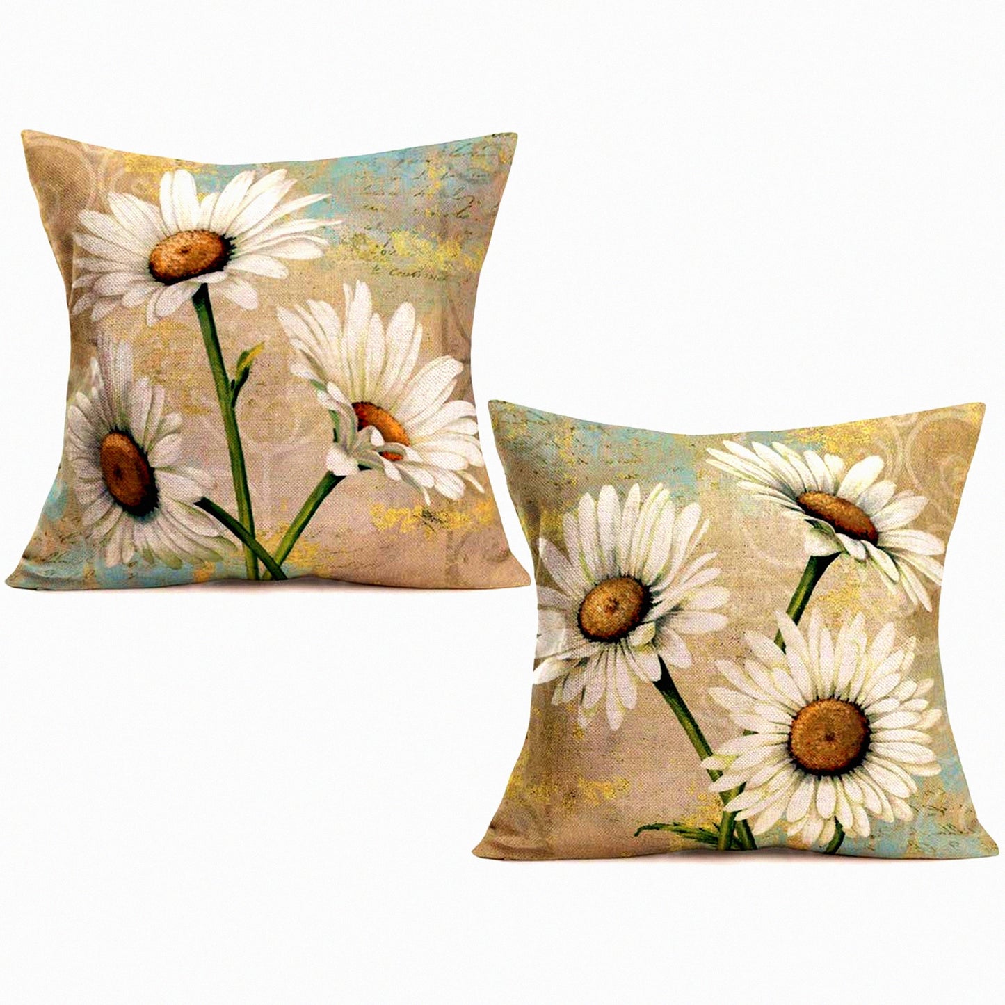 Retro Daisy Floral Linen Pillow Covers - Set of 2 White Flower Cushion Cases for Sofa Bedding - 18x18 Inch Square Accent Throw Pillows