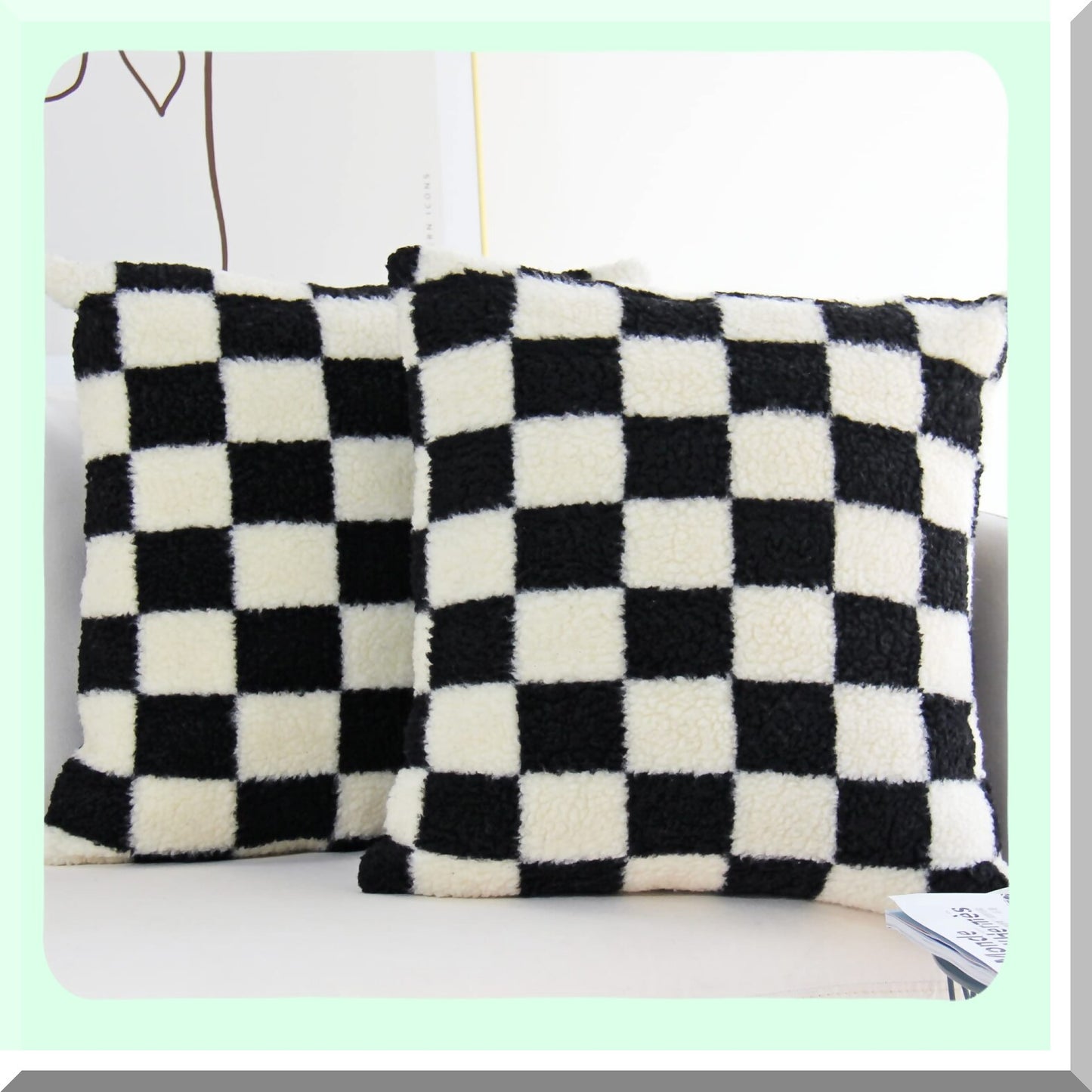 Luxury Checkerboard Wool Pillowcase Set - Super Soft Decorative Cushion Covers for Couch & Bedroom - Pack of 2 Black 22x22 Inch