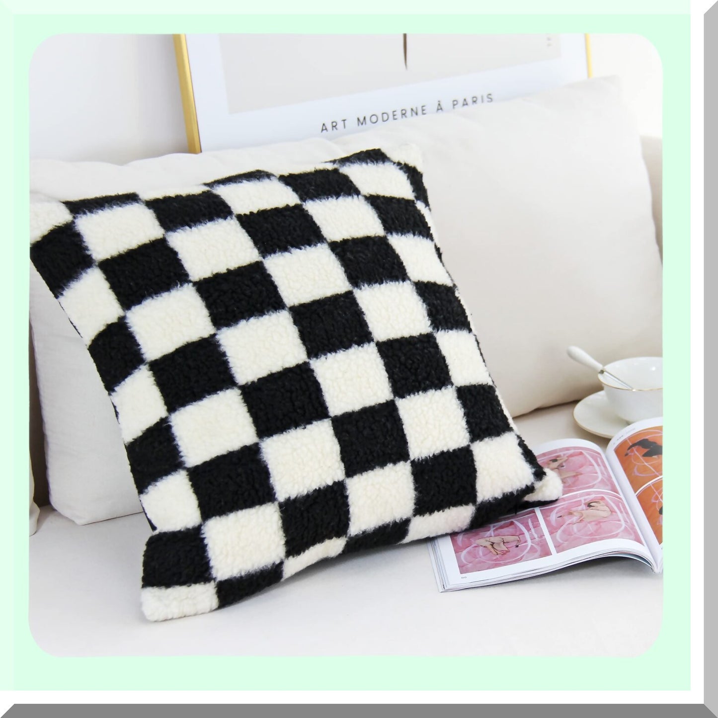 Luxury Checkerboard Wool Pillowcase Set - Super Soft Decorative Cushion Covers for Couch & Bedroom - Pack of 2 Black 22x22 Inch