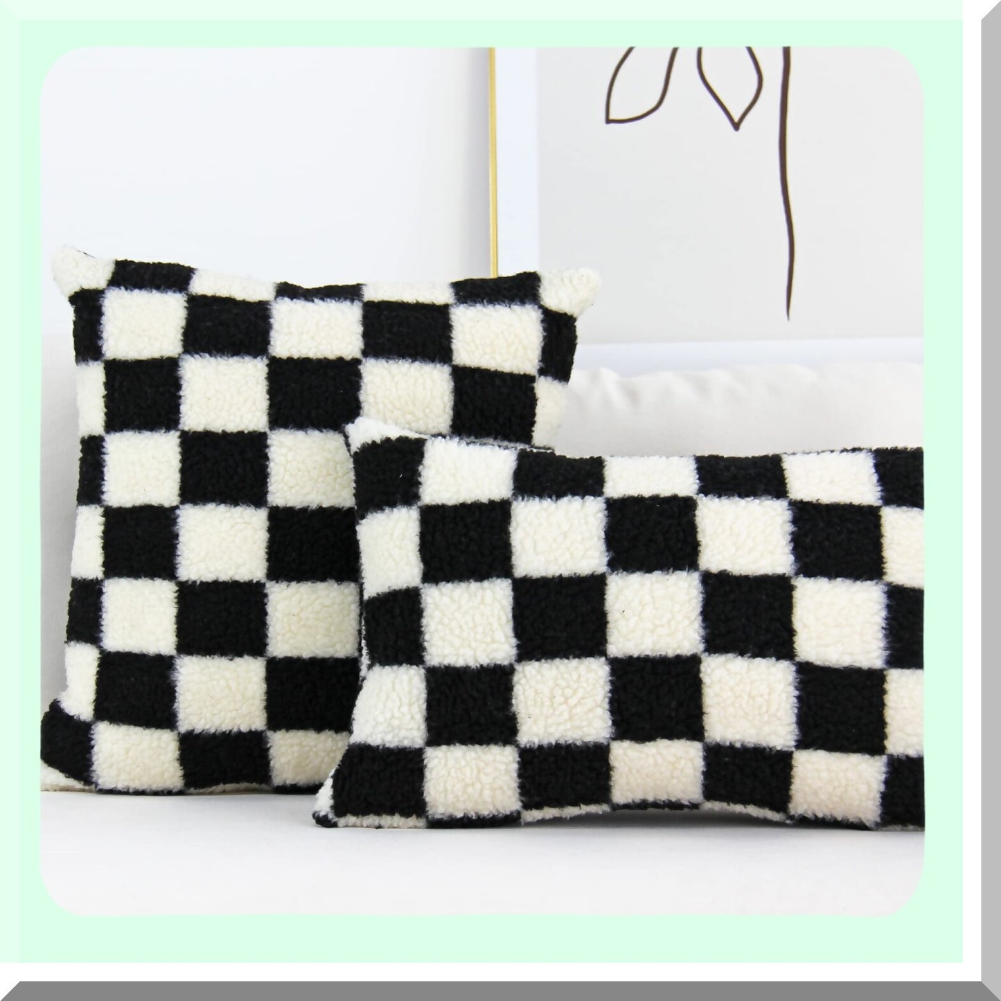 Luxury Checkerboard Wool Pillowcase Set - Super Soft Decorative Cushion Covers for Couch & Bedroom - Pack of 2 Black 22x22 Inch