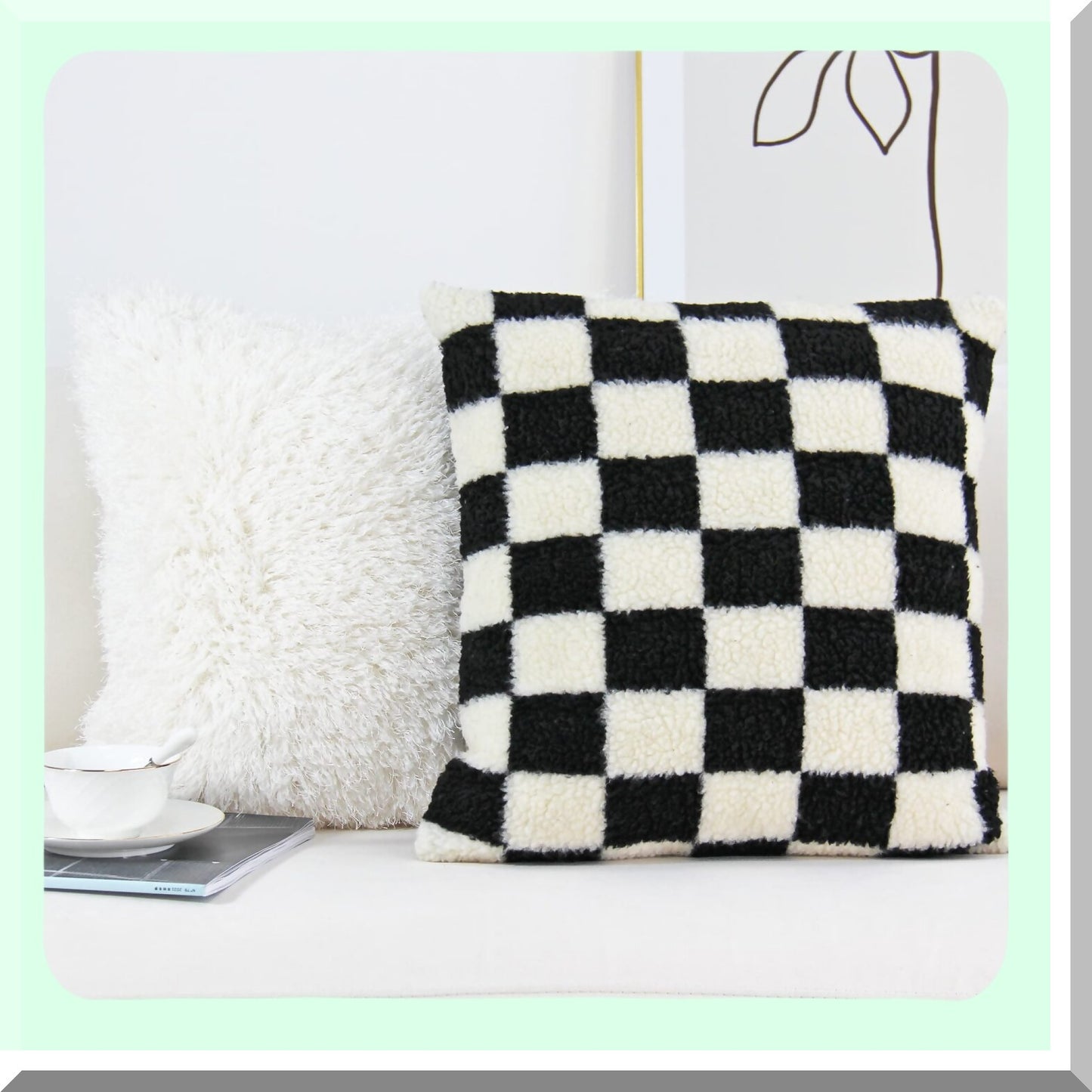 Luxury Checkerboard Wool Pillowcase Set - Super Soft Decorative Cushion Covers for Couch & Bedroom - Pack of 2 Black 22x22 Inch